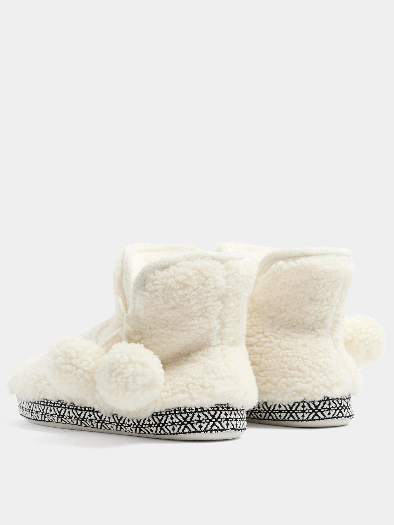 Image 3 of 4 of Yours Womens Faux Fur Pom Pom Ties Cushioned Boot Slippers - White