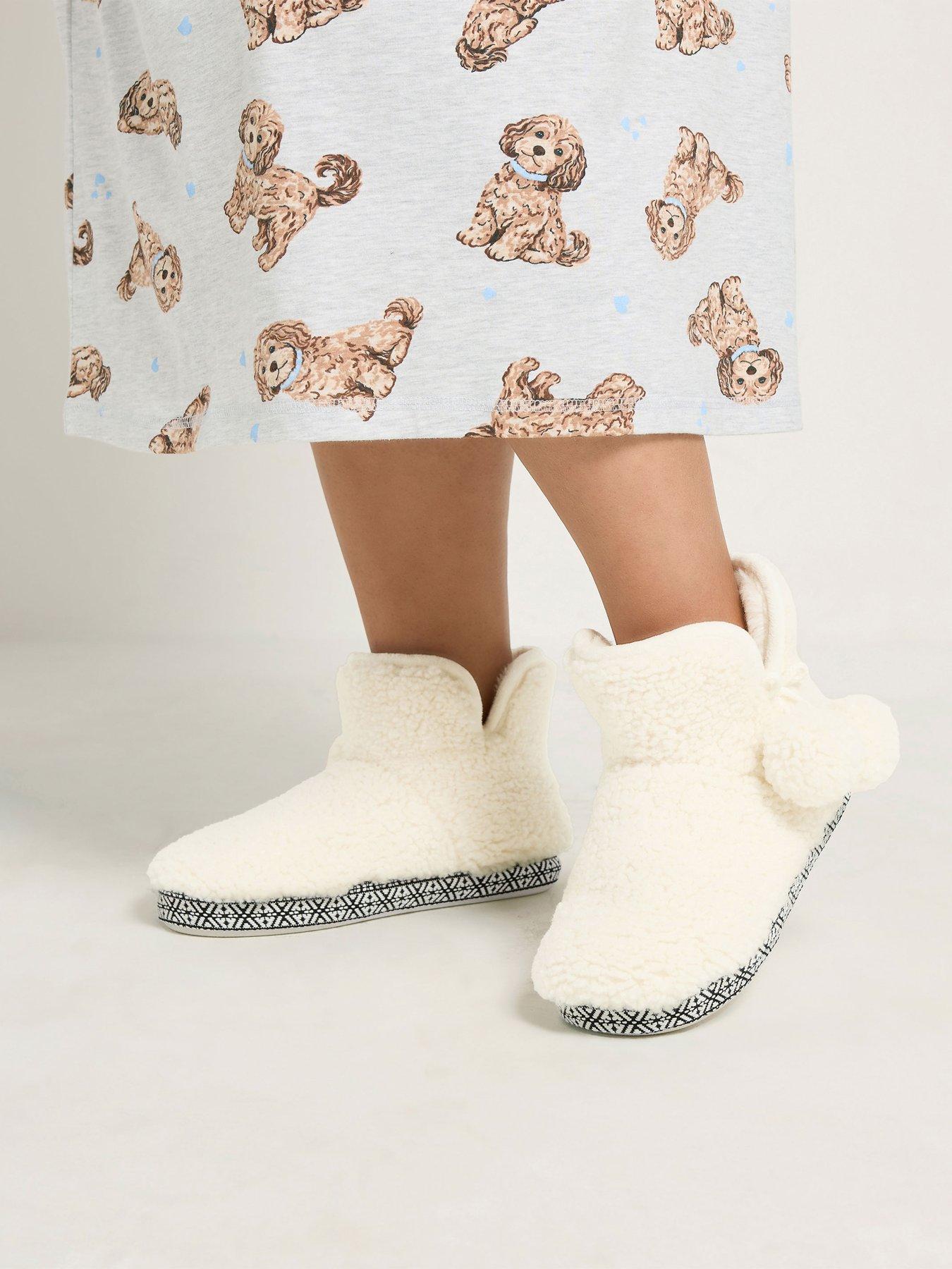 Image 4 of 4 of Yours Womens Faux Fur Pom Pom Ties Cushioned Boot Slippers - White
