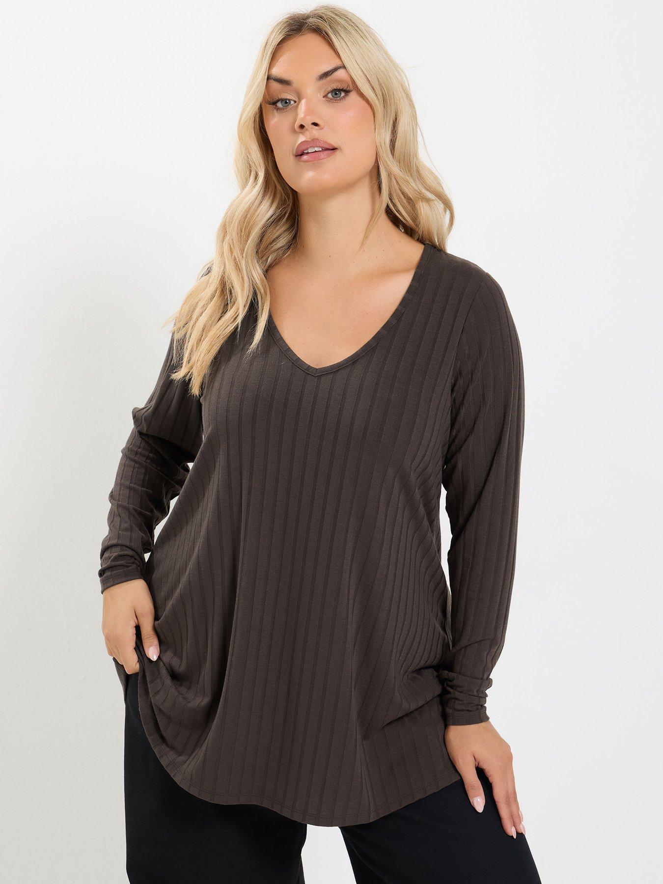 Image 1 of 4 of Yours Womens Plus Size Plunge V-Neck Rib Swing T-Shirt - Brown