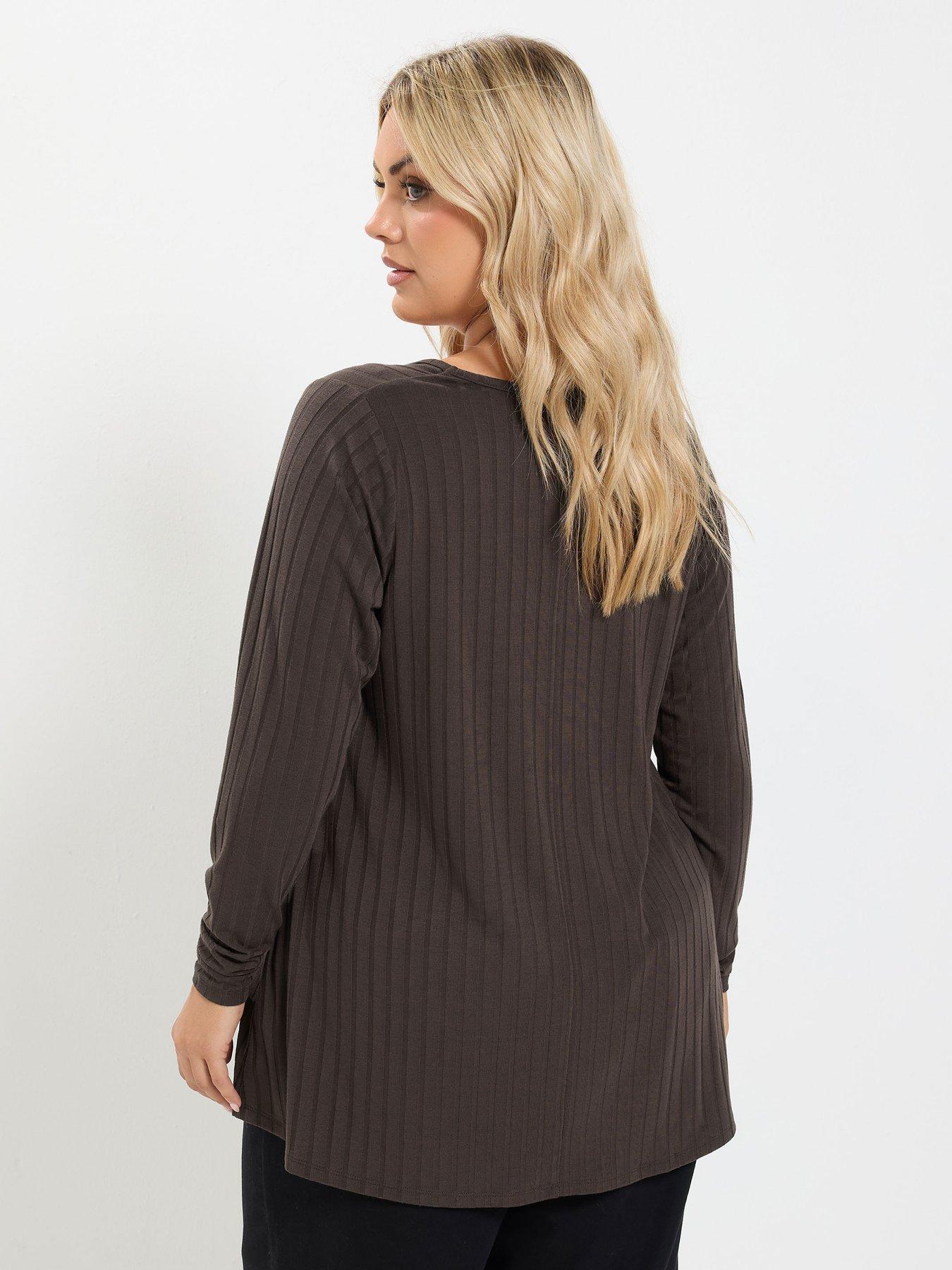 Image 2 of 4 of Yours Womens Plus Size Plunge V-Neck Rib Swing T-Shirt - Brown