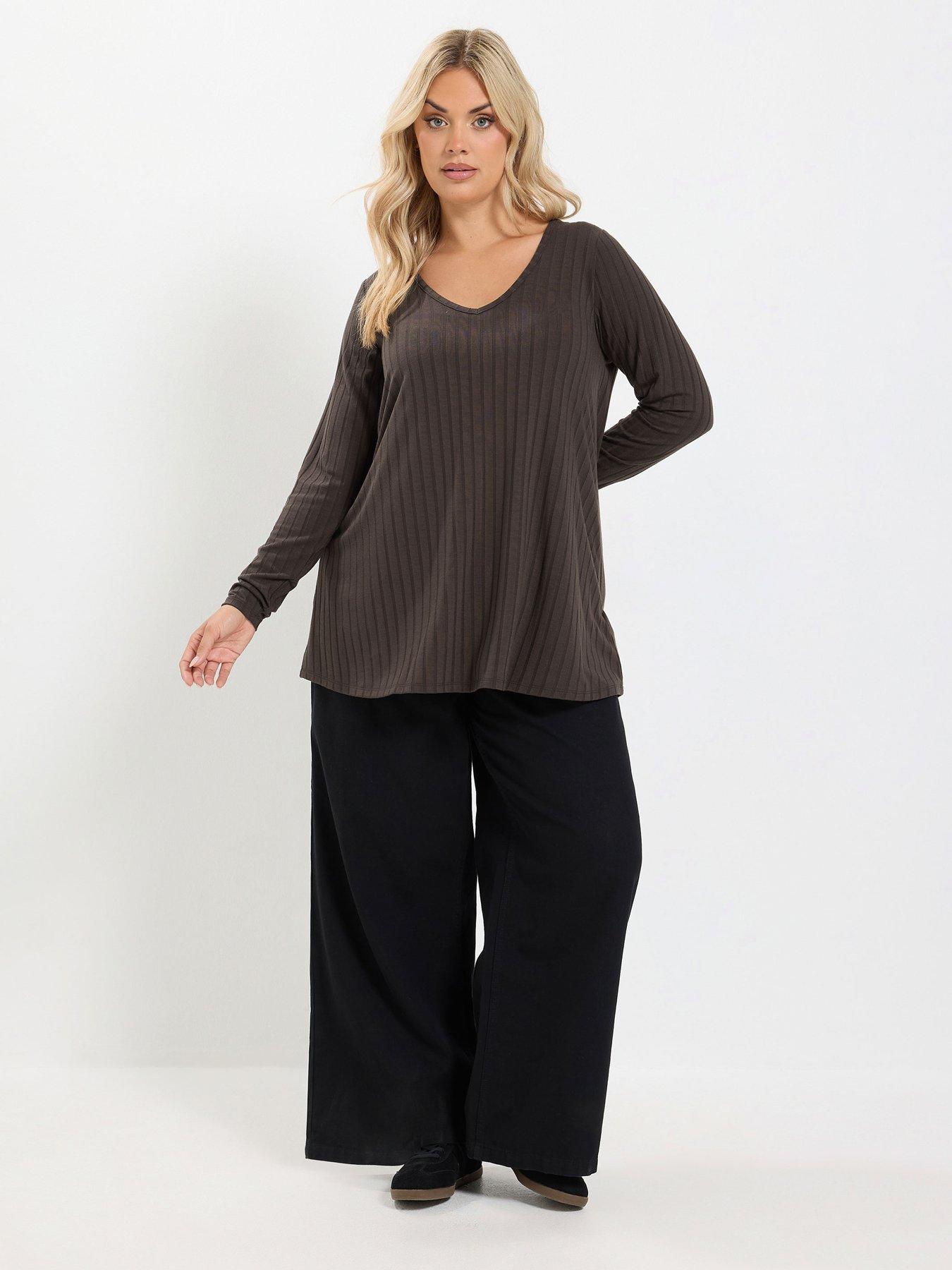 Image 3 of 4 of Yours Womens Plus Size Plunge V-Neck Rib Swing T-Shirt - Brown