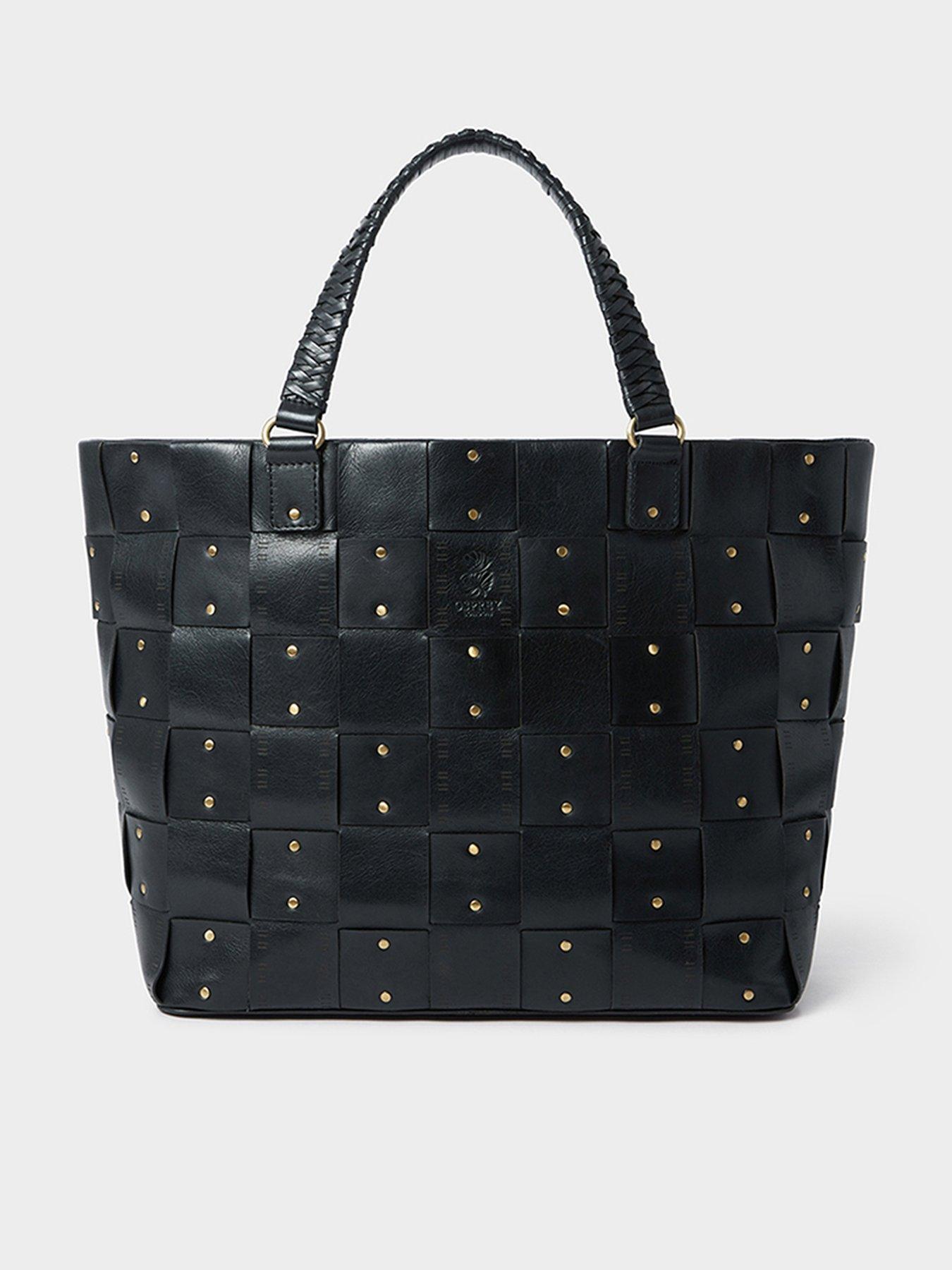 Image 1 of 4 of Osprey London Womens Audacia Woven Stud Leather Tote Bag - Black