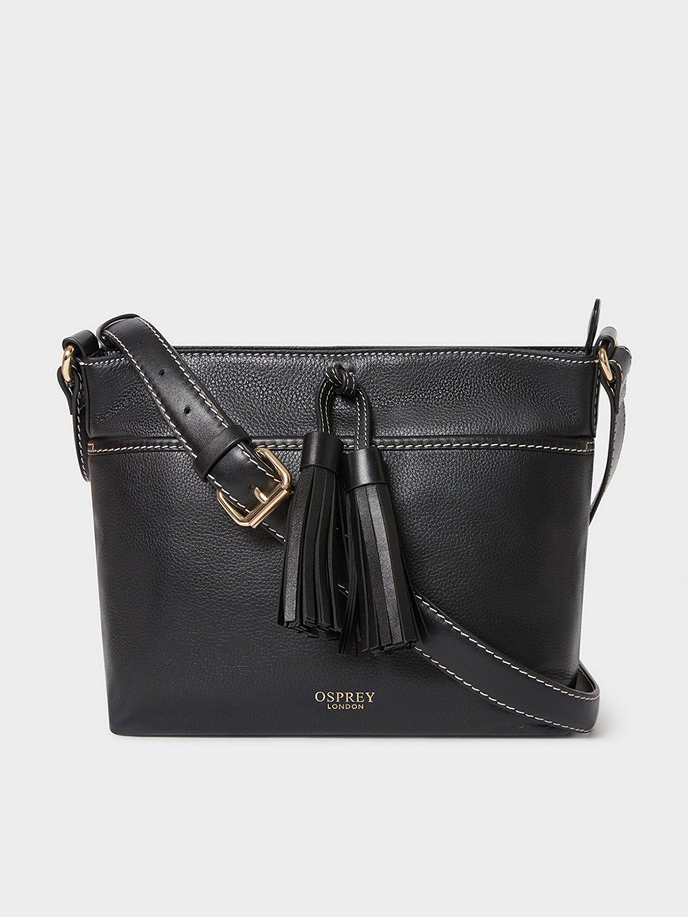 Image 1 of 5 of Osprey London Womens Savanna Leather Tassel Crossbody Bag - Black