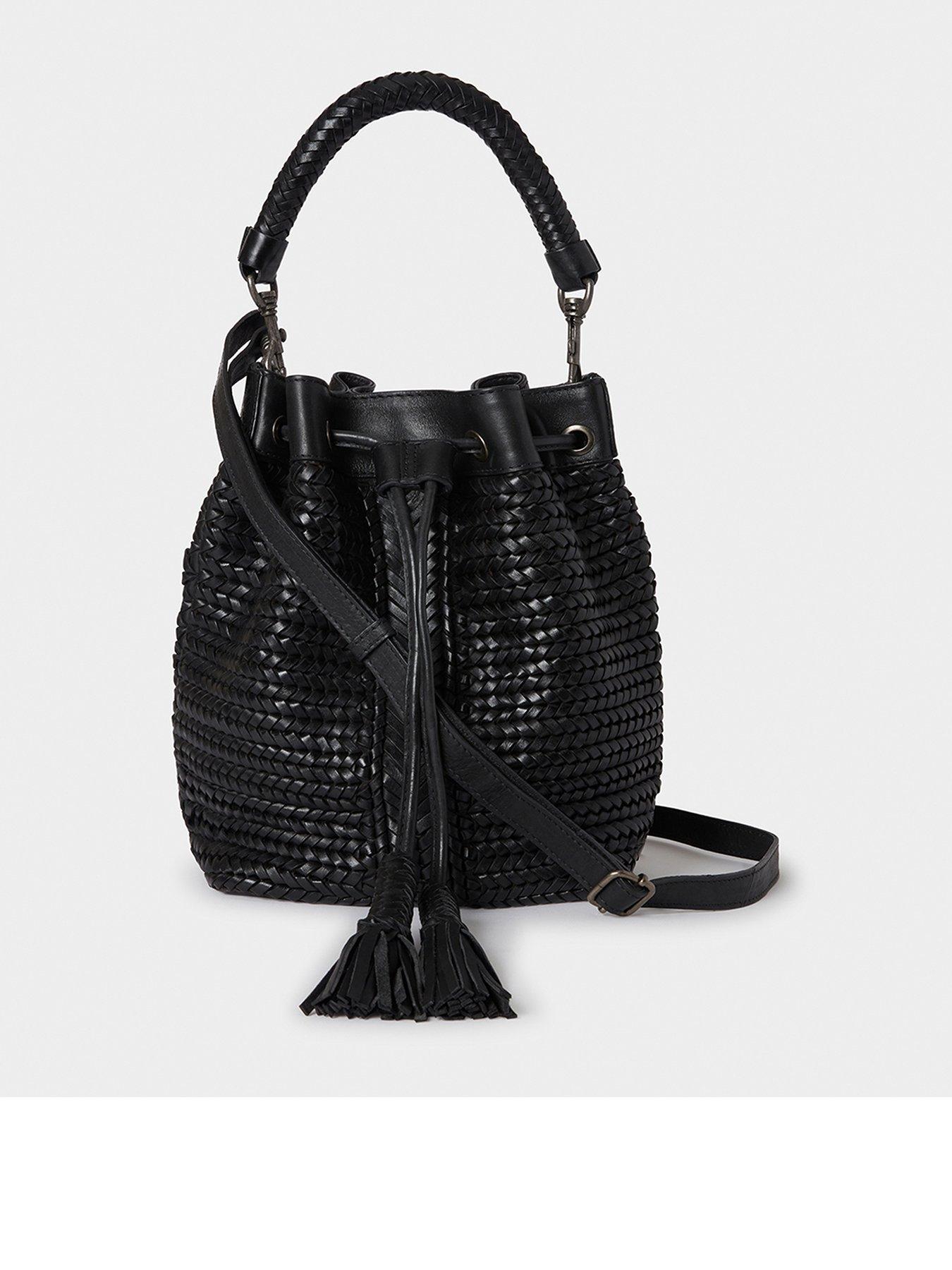 Image 1 of 6 of Osprey London Womens Lima Woven Leather Bucket Bag - Black