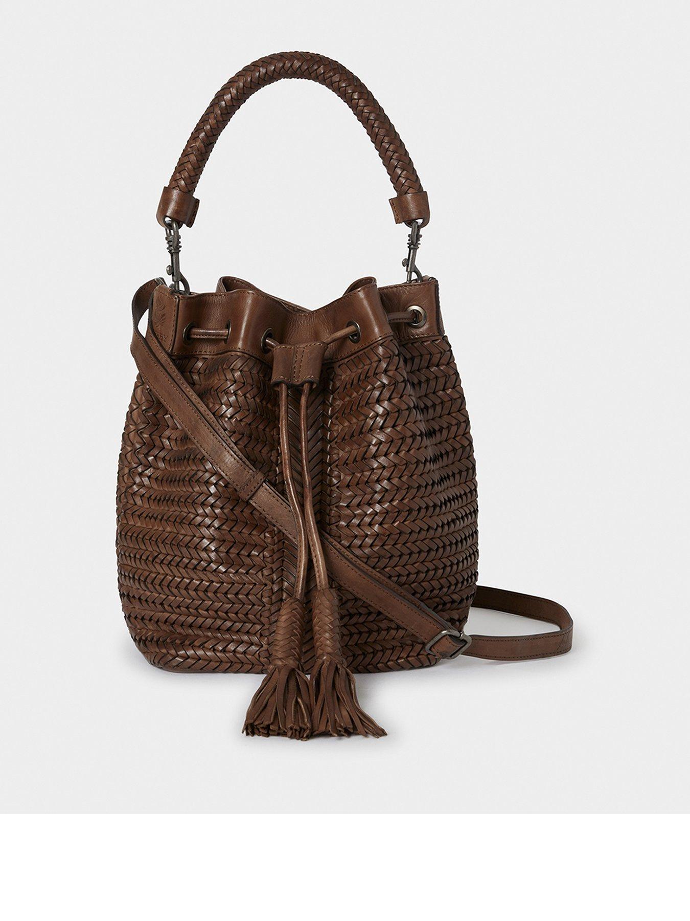 Image 1 of 6 of Osprey London Womens Lima Woven Drawstring Tassel Bucket Bag - Chestnut