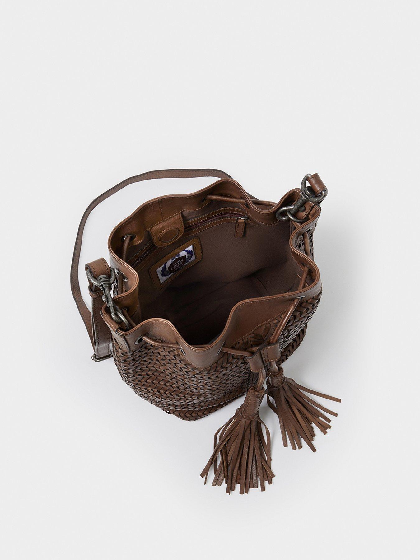 Image 5 of 6 of Osprey London Womens Lima Woven Drawstring Tassel Bucket Bag - Chestnut