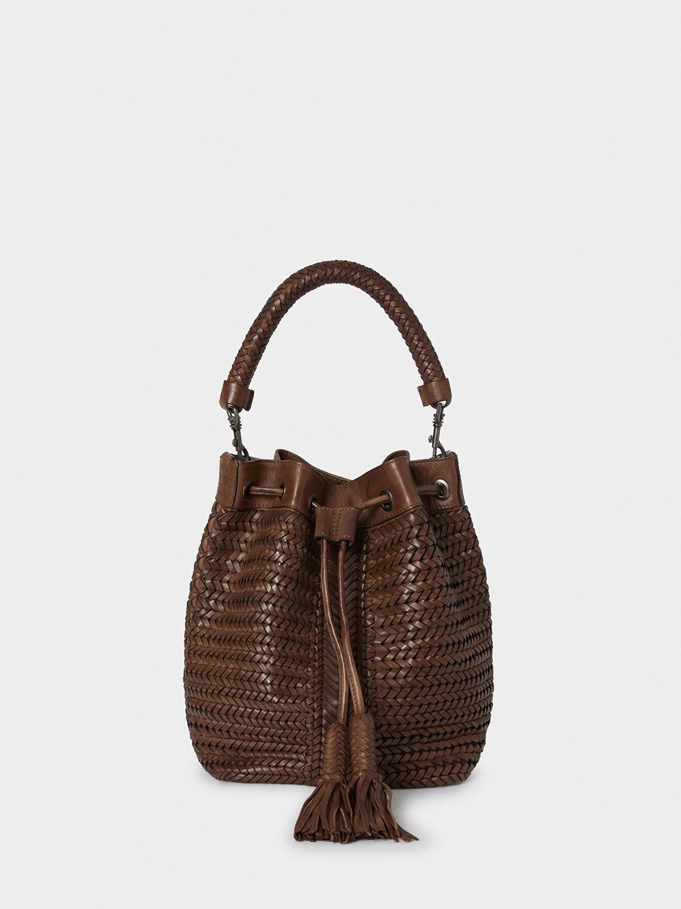 Image 6 of 6 of Osprey London Womens Lima Woven Drawstring Tassel Bucket Bag - Chestnut