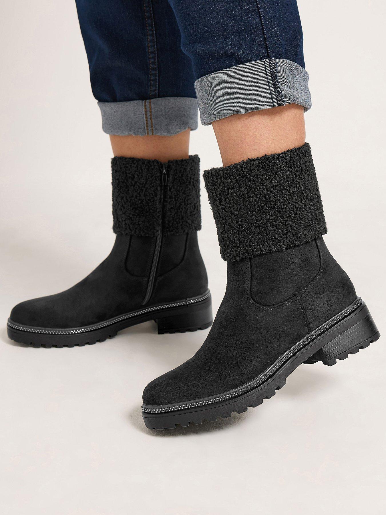 Image 1 of 4 of Yours Womens Extra Wide Fit Faux Fur Cuff Boots - Black