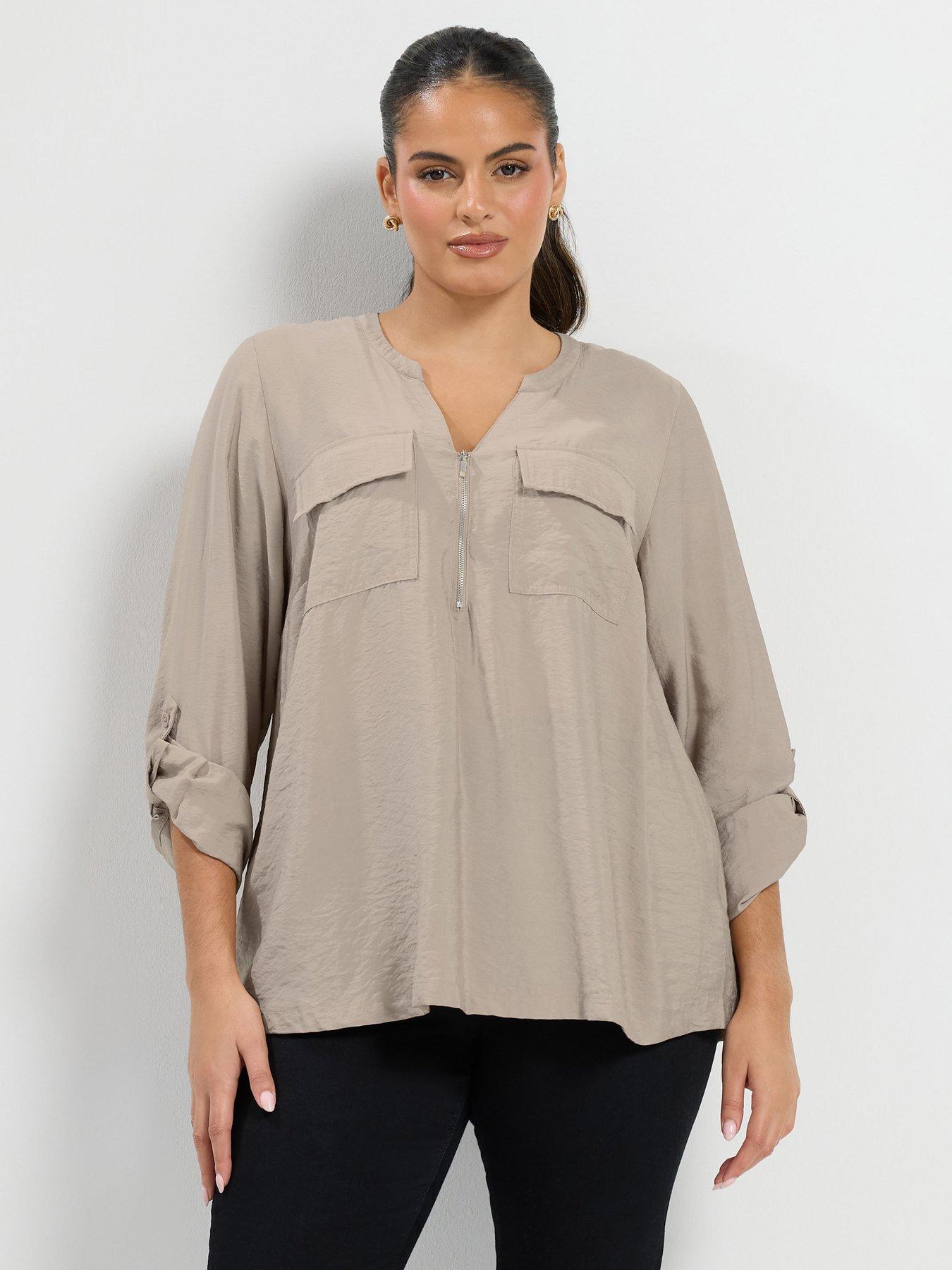 Image 1 of 4 of Yours Womens Curve Zip Notch Neck Roll Sleeve Blouse - Cream