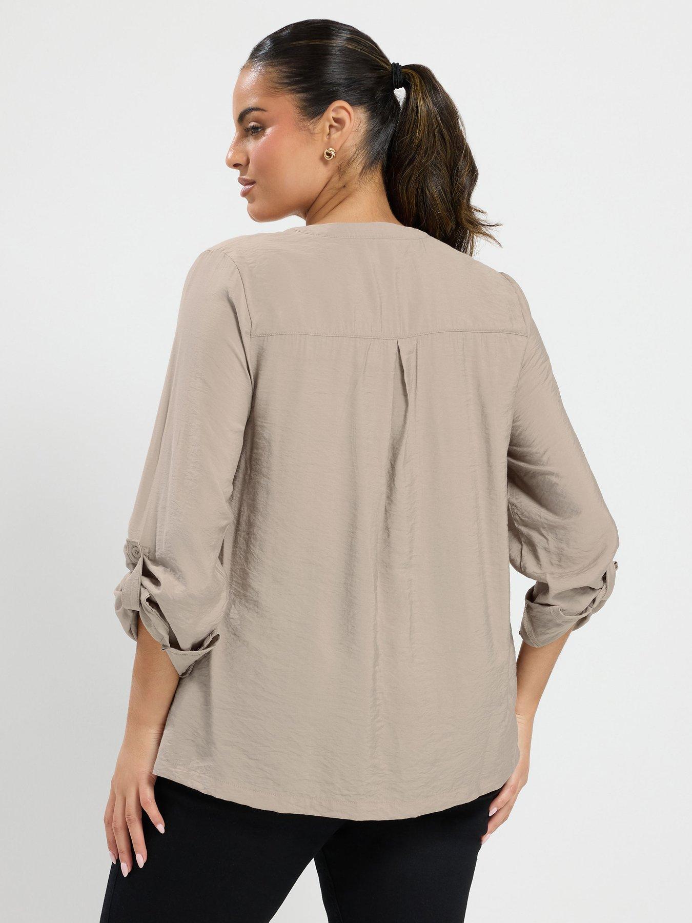 Image 2 of 4 of Yours Womens Curve Zip Notch Neck Roll Sleeve Blouse - Cream