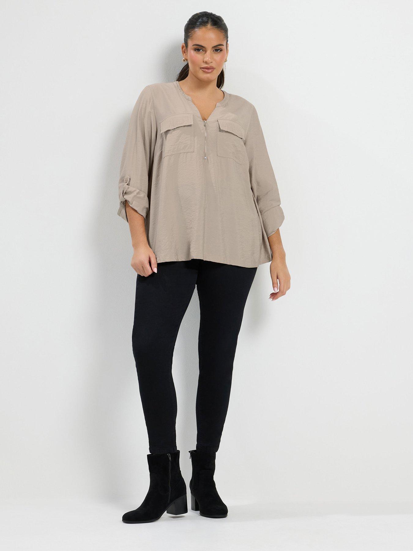 Image 3 of 4 of Yours Womens Curve Zip Notch Neck Roll Sleeve Blouse - Cream