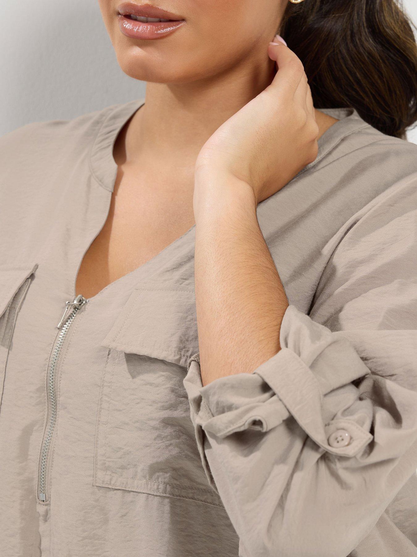 Image 4 of 4 of Yours Womens Curve Zip Notch Neck Roll Sleeve Blouse - Cream