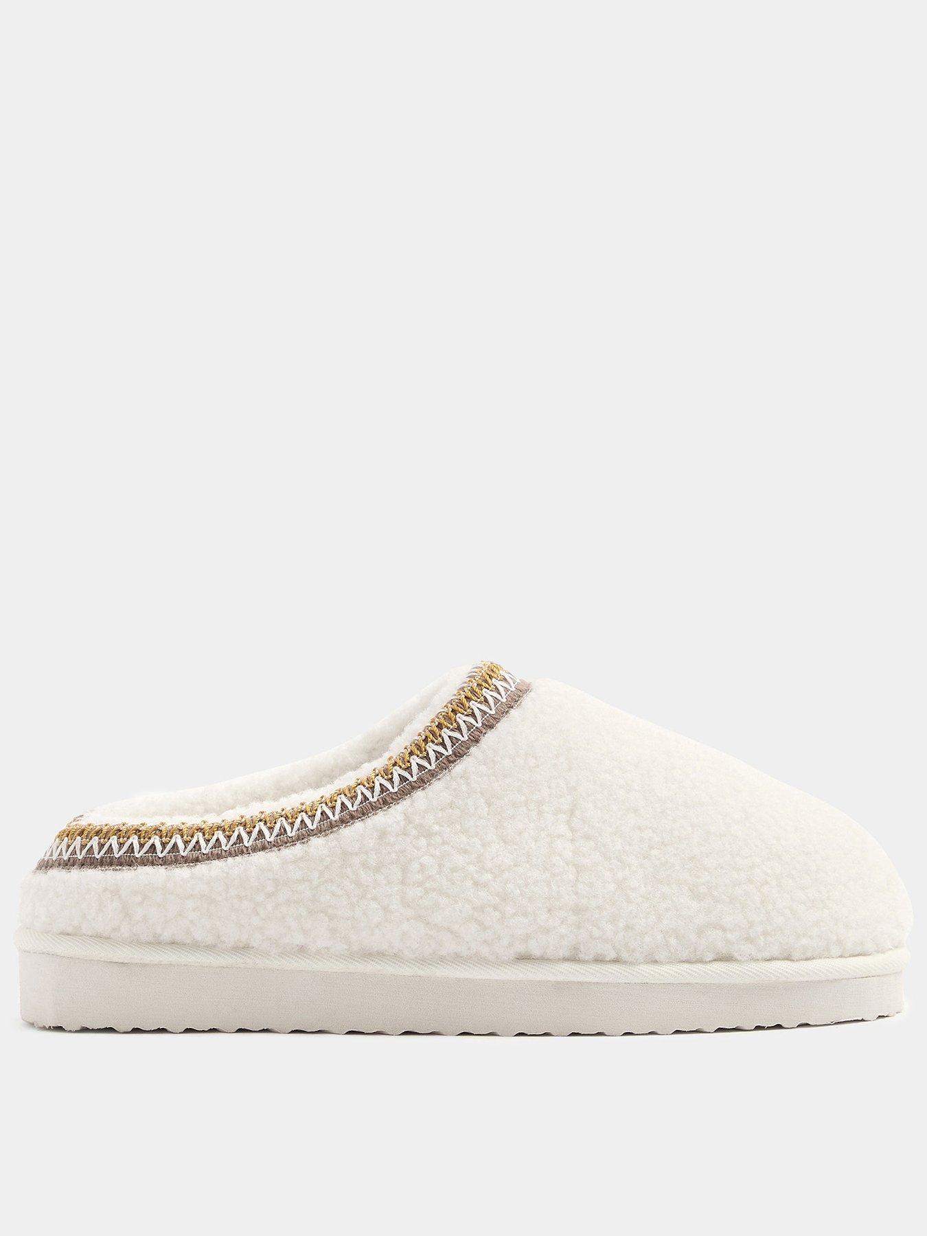 Image 1 of 4 of Yours Womens Borg Embroidered Cushioned Mule Slippers - White