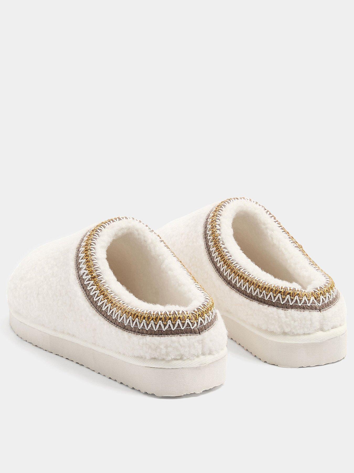 Image 3 of 4 of Yours Womens Borg Embroidered Cushioned Mule Slippers - White
