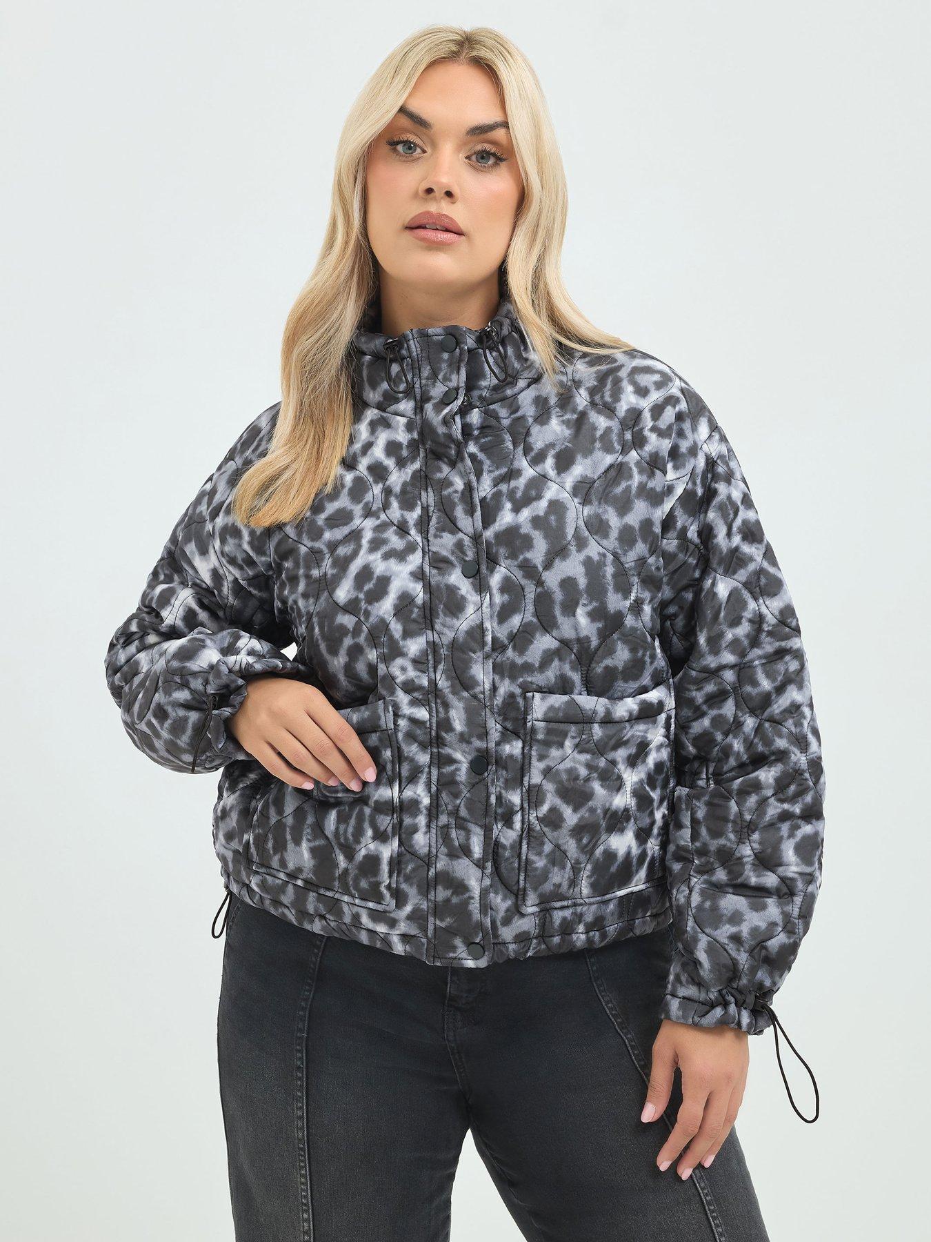 Image 1 of 4 of Yours Womens Curve Leopard Quilted Popper Puffer Jacket - Grey