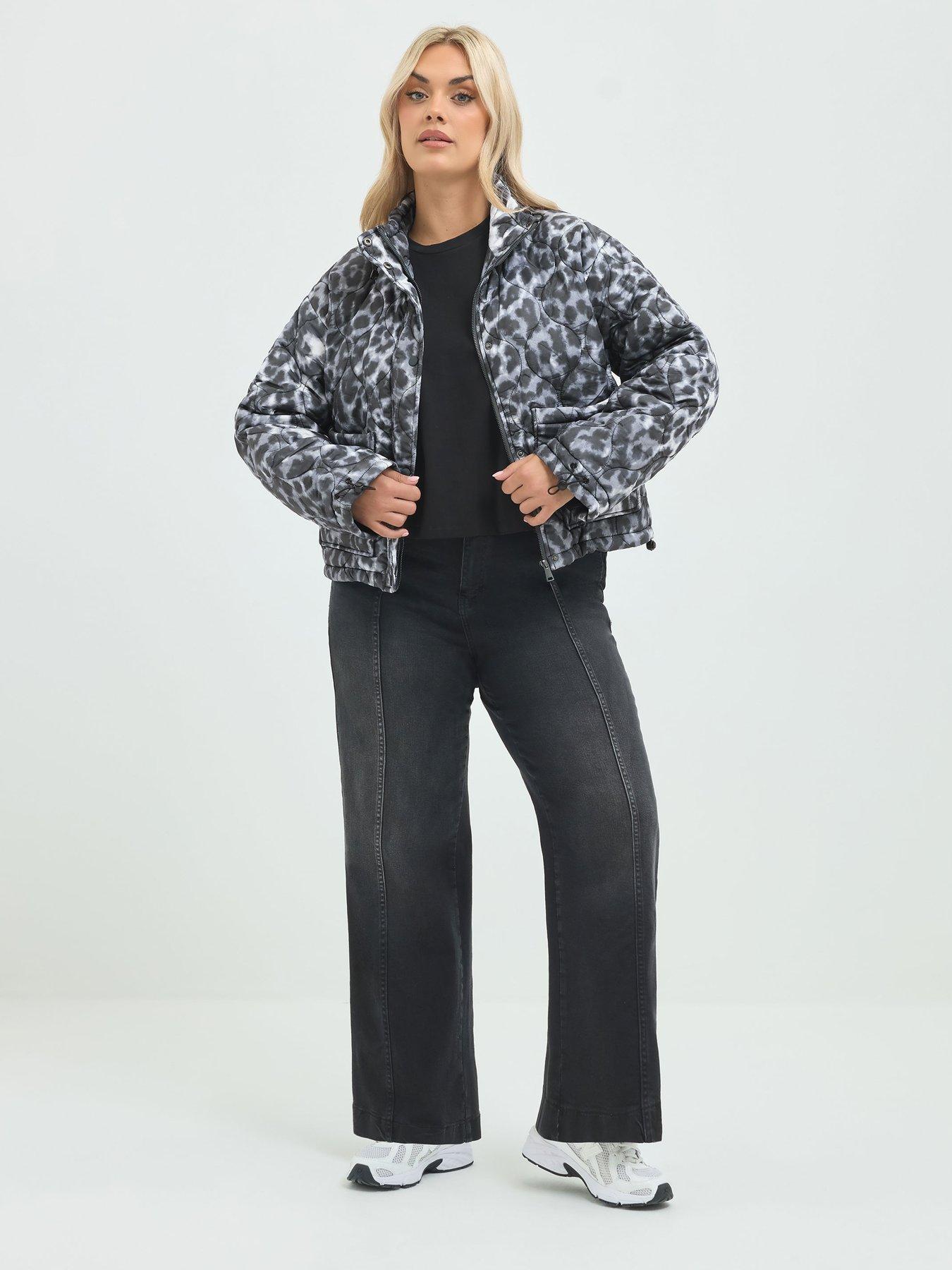 Image 3 of 4 of Yours Womens Curve Leopard Quilted Popper Puffer Jacket - Grey