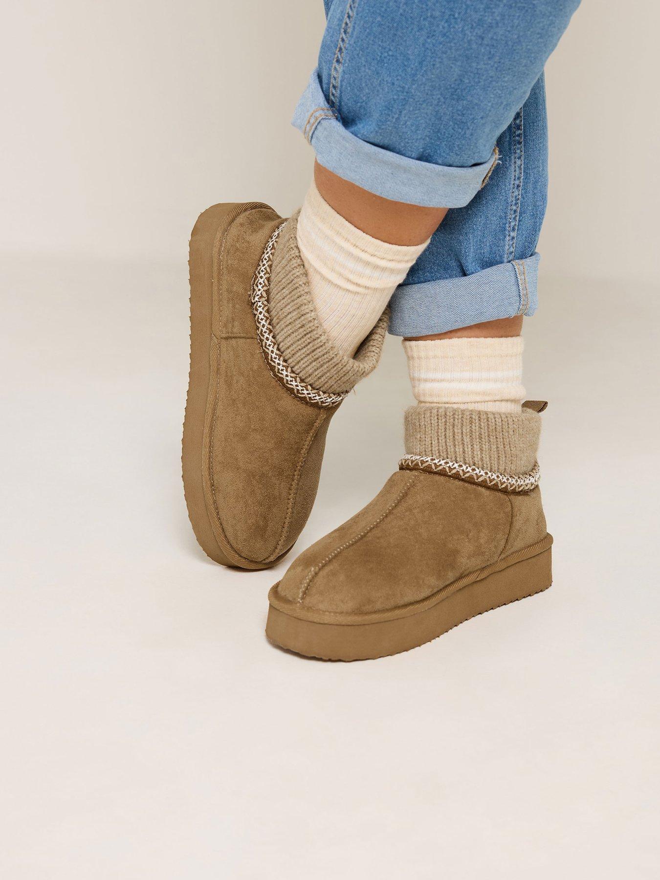 Image 4 of 4 of Yours Faux Suede Ribbed Cuff Chunky Sole Boots - Brown