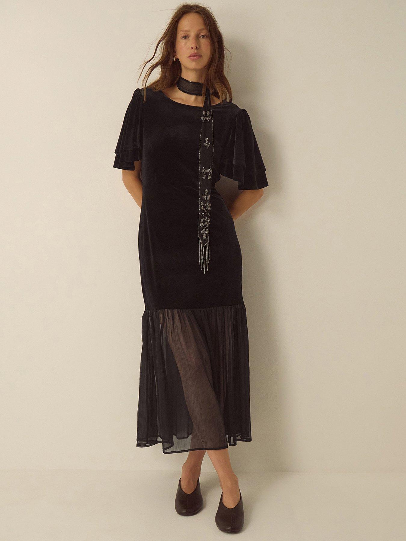Image 1 of 5 of Monsoon Womens Vixie Velvet Flutter Sleeve Midi Dress - Black