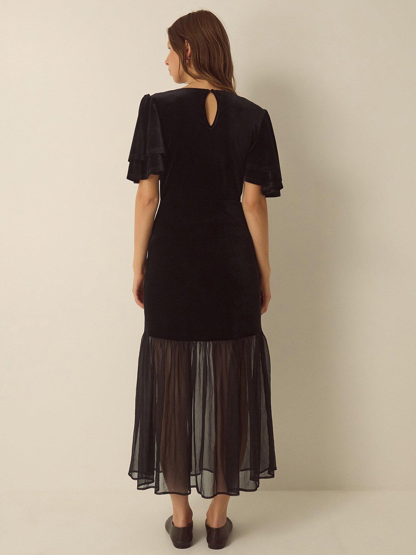 Image 2 of 5 of Monsoon Womens Vixie Velvet Flutter Sleeve Midi Dress - Black