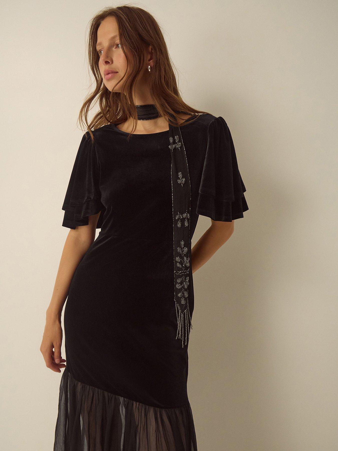 Image 3 of 5 of Monsoon Womens Vixie Velvet Flutter Sleeve Midi Dress - Black