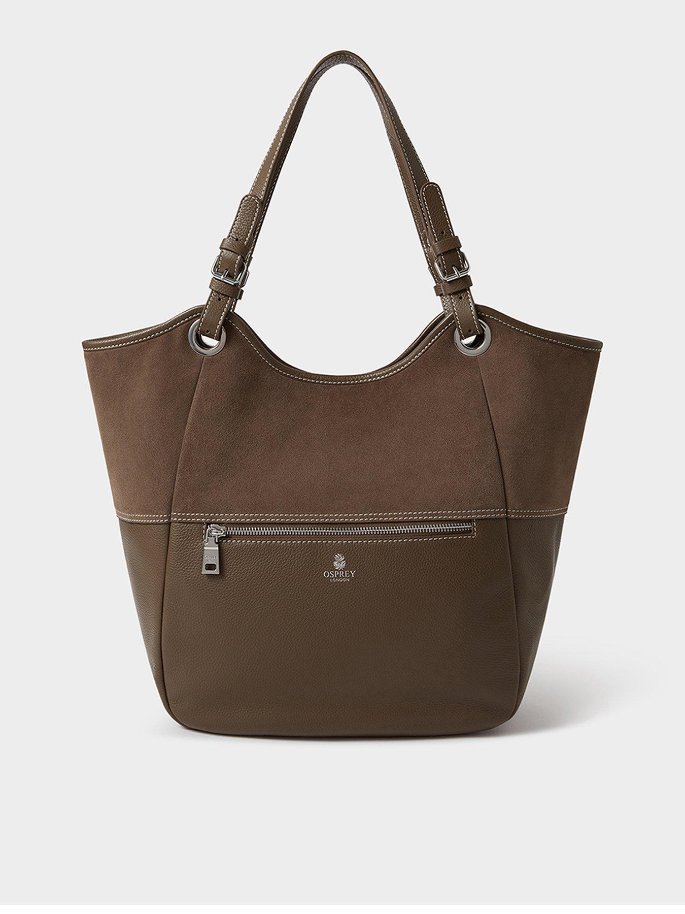 Image 1 of 5 of Osprey London Womens Woodstock Suede Leather Zip Pocket Tote Bag - Dark Truffle