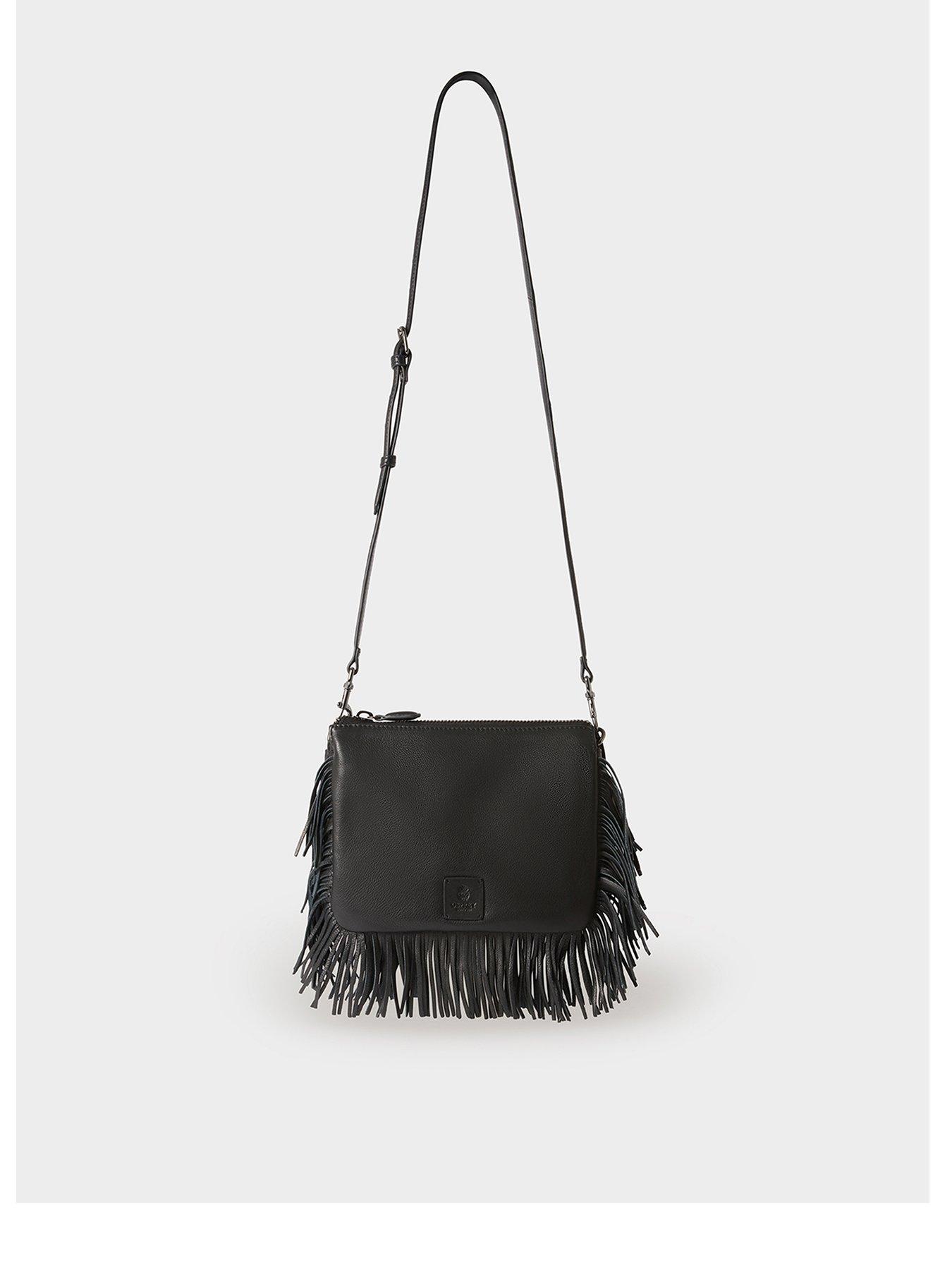 Image 1 of 7 of Osprey London Womens Fringe Zip-Top Crossbody Bag - Black