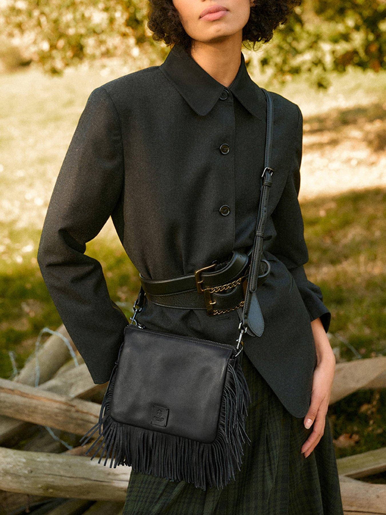 Image 2 of 7 of Osprey London Womens Fringe Zip-Top Crossbody Bag - Black