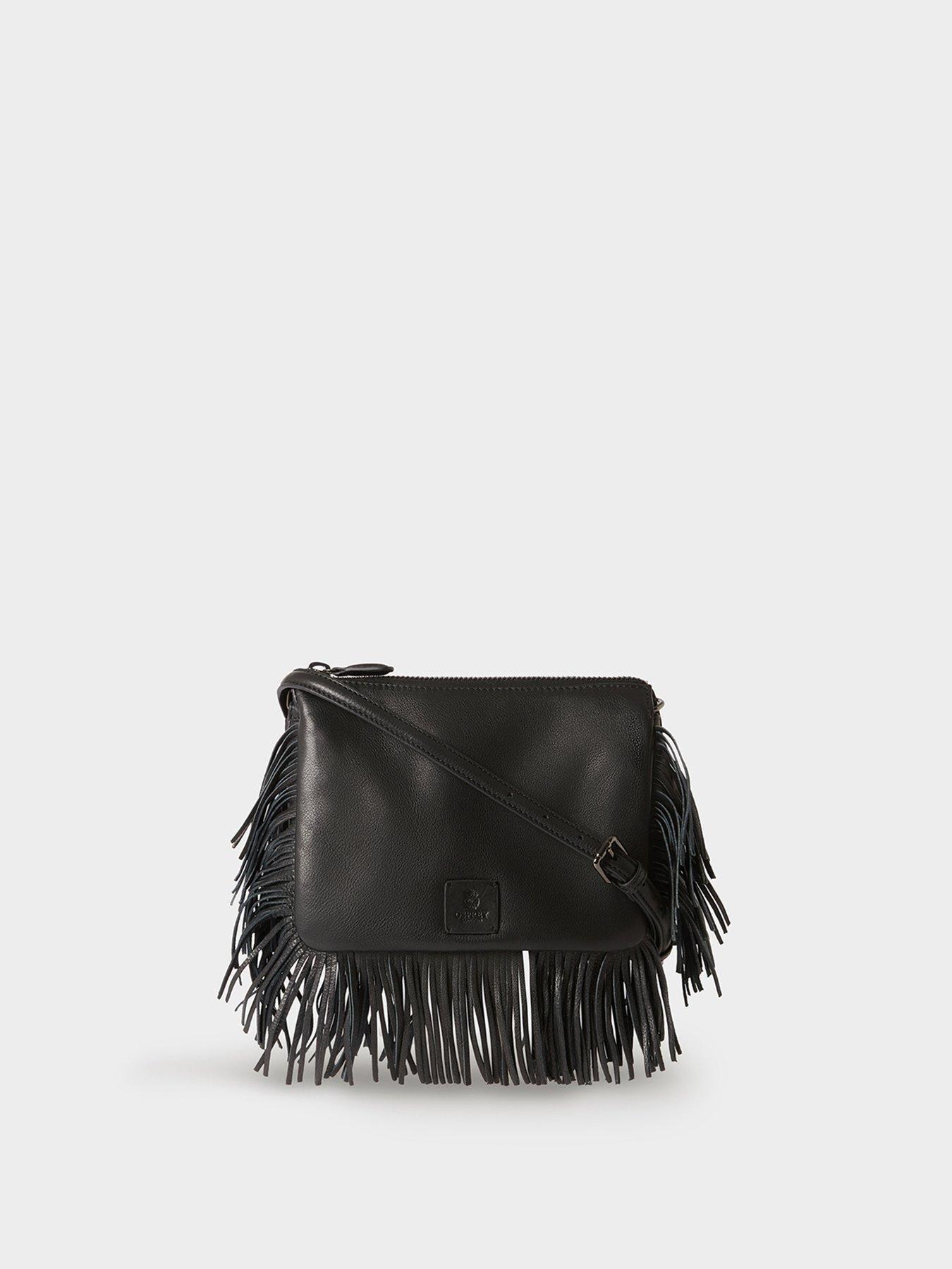 Image 3 of 7 of Osprey London Womens Fringe Zip-Top Crossbody Bag - Black