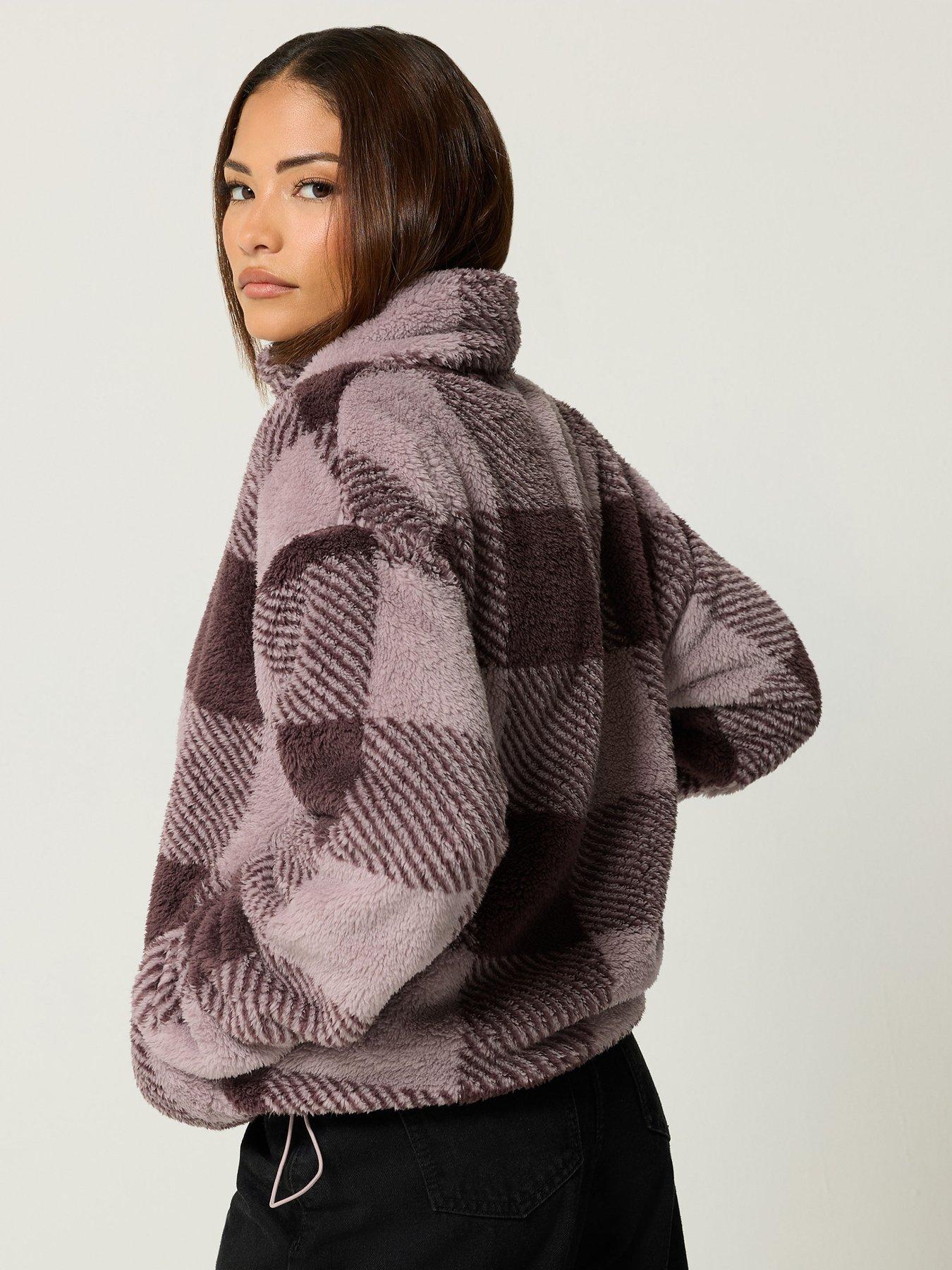 Image 2 of 4 of PixieGirl Womens Petite Check Funnel Neck Fleece Jacket - Purple