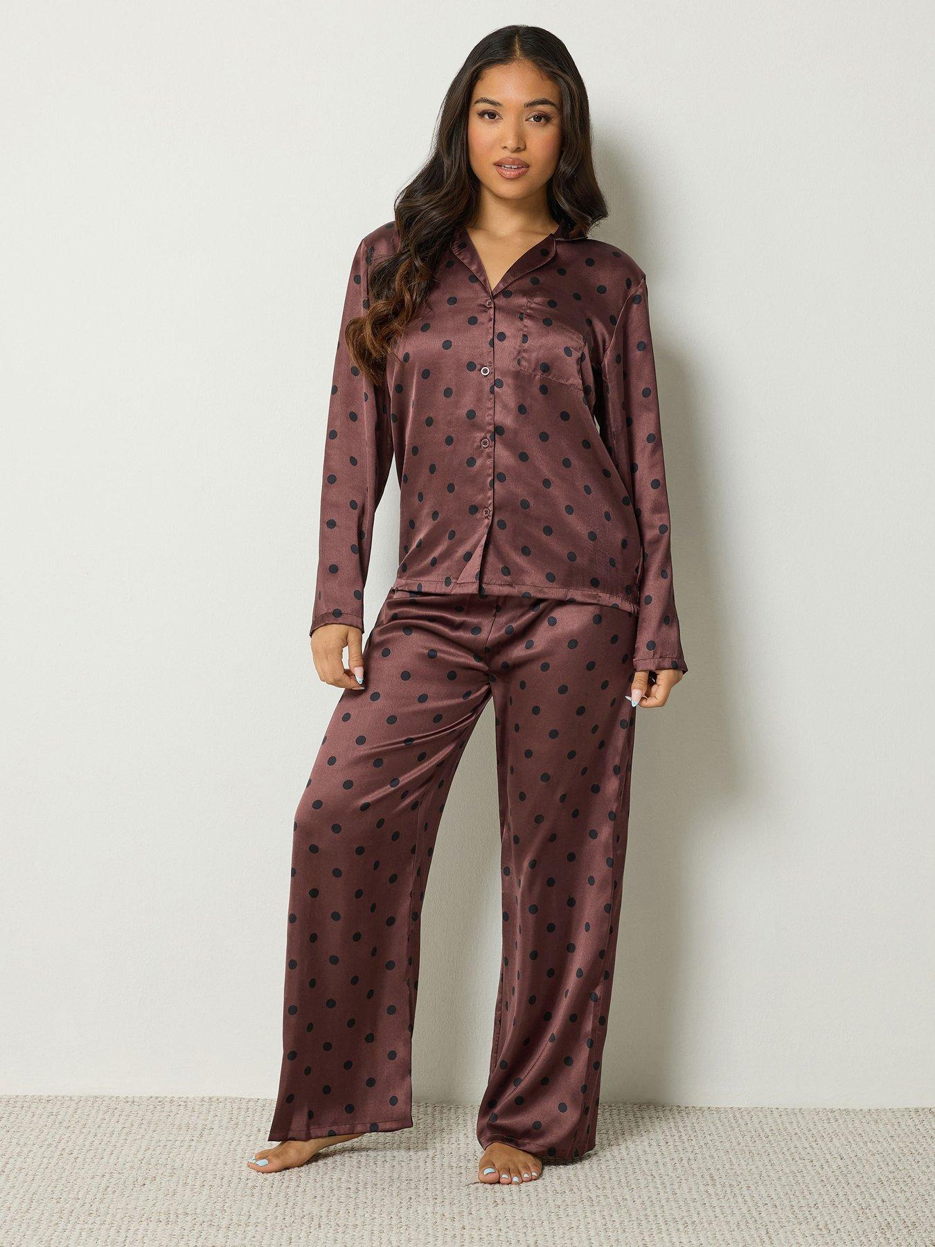 Image 1 of 4 of PixieGirl Womens Petite Spot Satin-Look Button-Through Pyjama Set - Brown