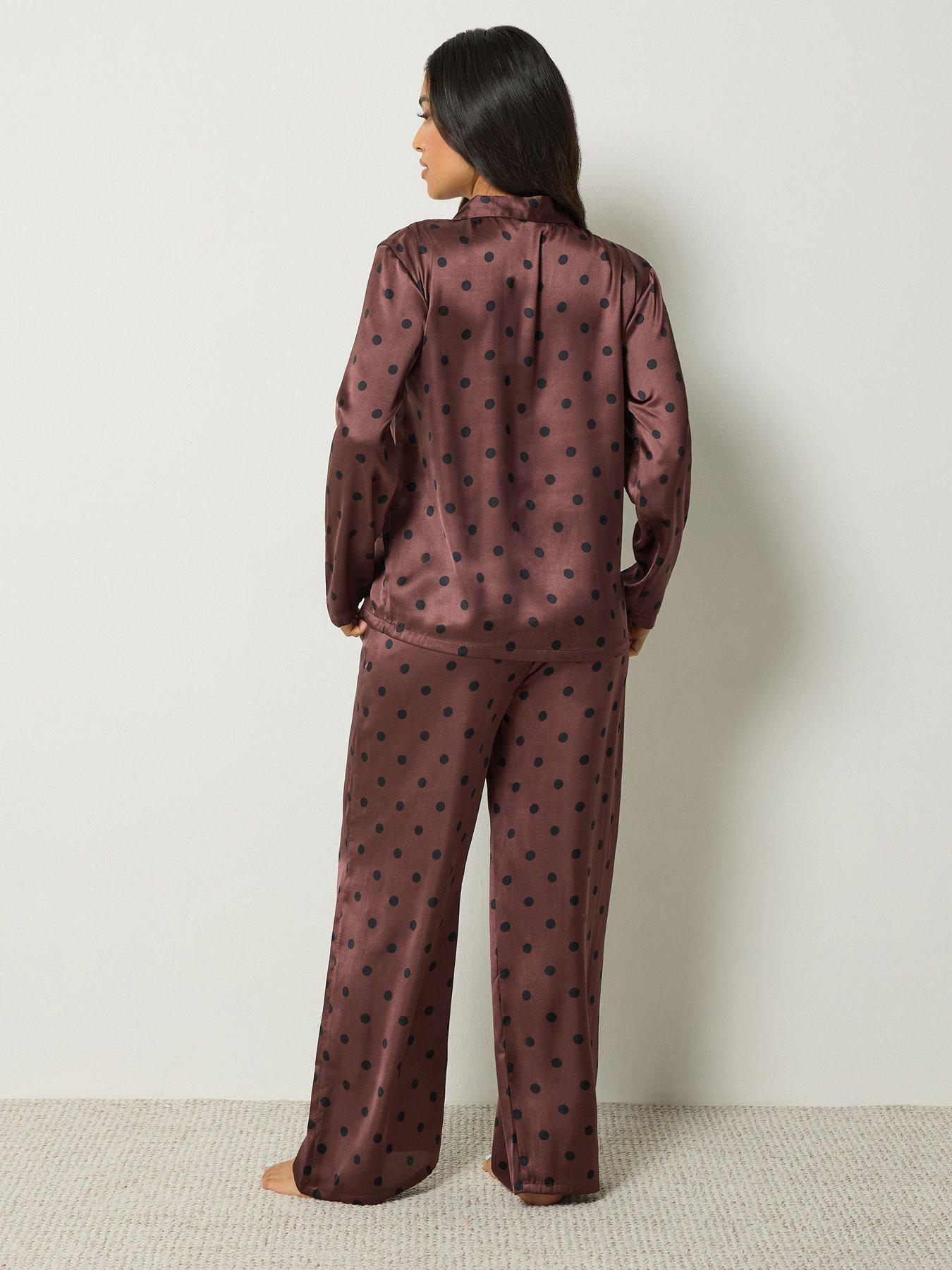 Image 2 of 4 of PixieGirl Womens Petite Spot Satin-Look Button-Through Pyjama Set - Brown
