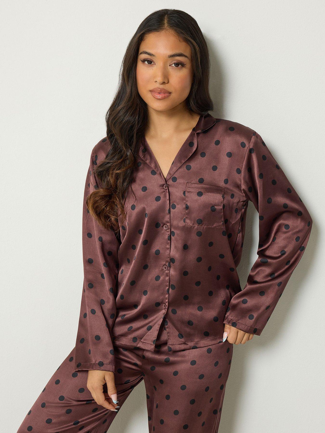 Image 3 of 4 of PixieGirl Womens Petite Spot Satin-Look Button-Through Pyjama Set - Brown