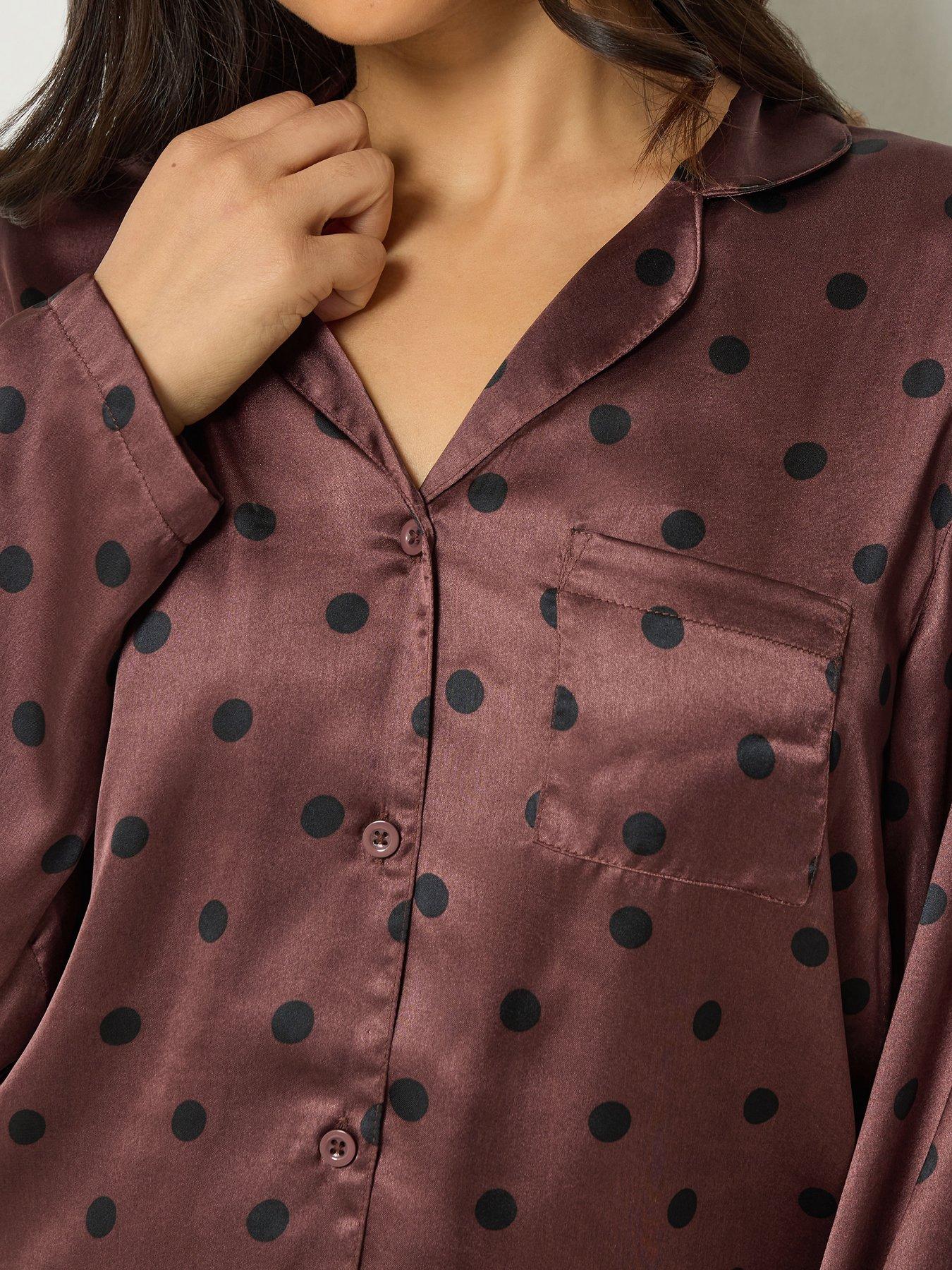 Image 4 of 4 of PixieGirl Womens Petite Spot Satin-Look Button-Through Pyjama Set - Brown
