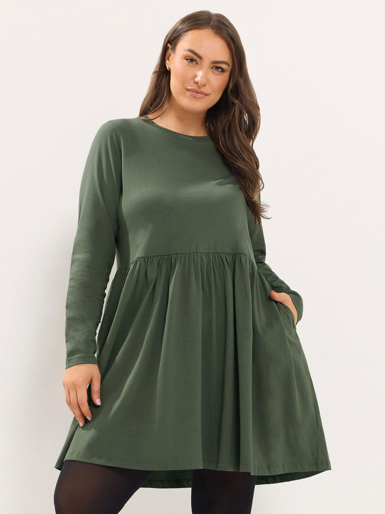 Image 1 of 4 of Yours Womens Curve Basic Peplum Side Pocket Dress - Green