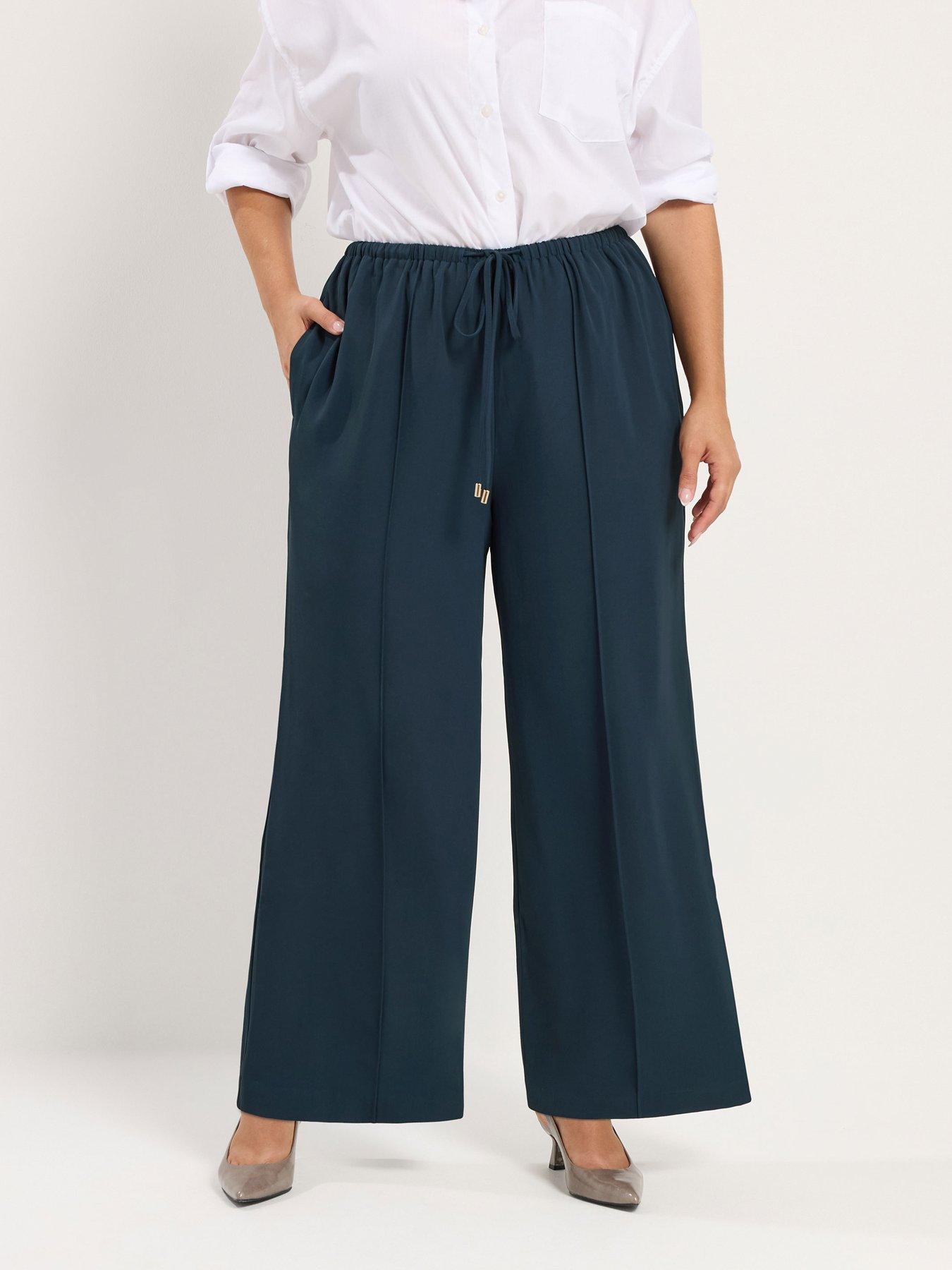Image 1 of 4 of Yours Womens Curve Sharkskin Wide Leg Drawstring Waist Trousers - Blue