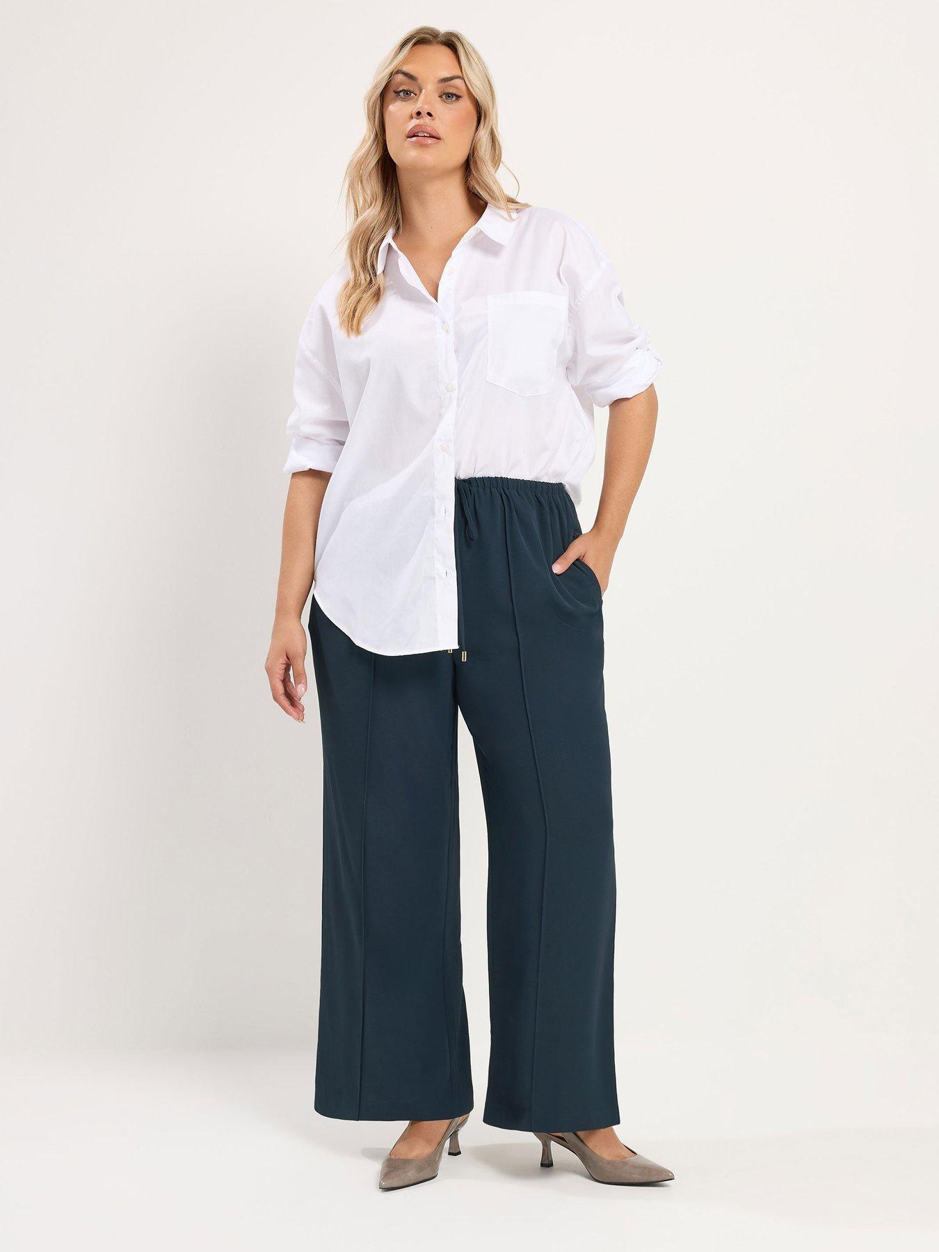 Image 3 of 4 of Yours Womens Curve Sharkskin Wide Leg Drawstring Waist Trousers - Blue