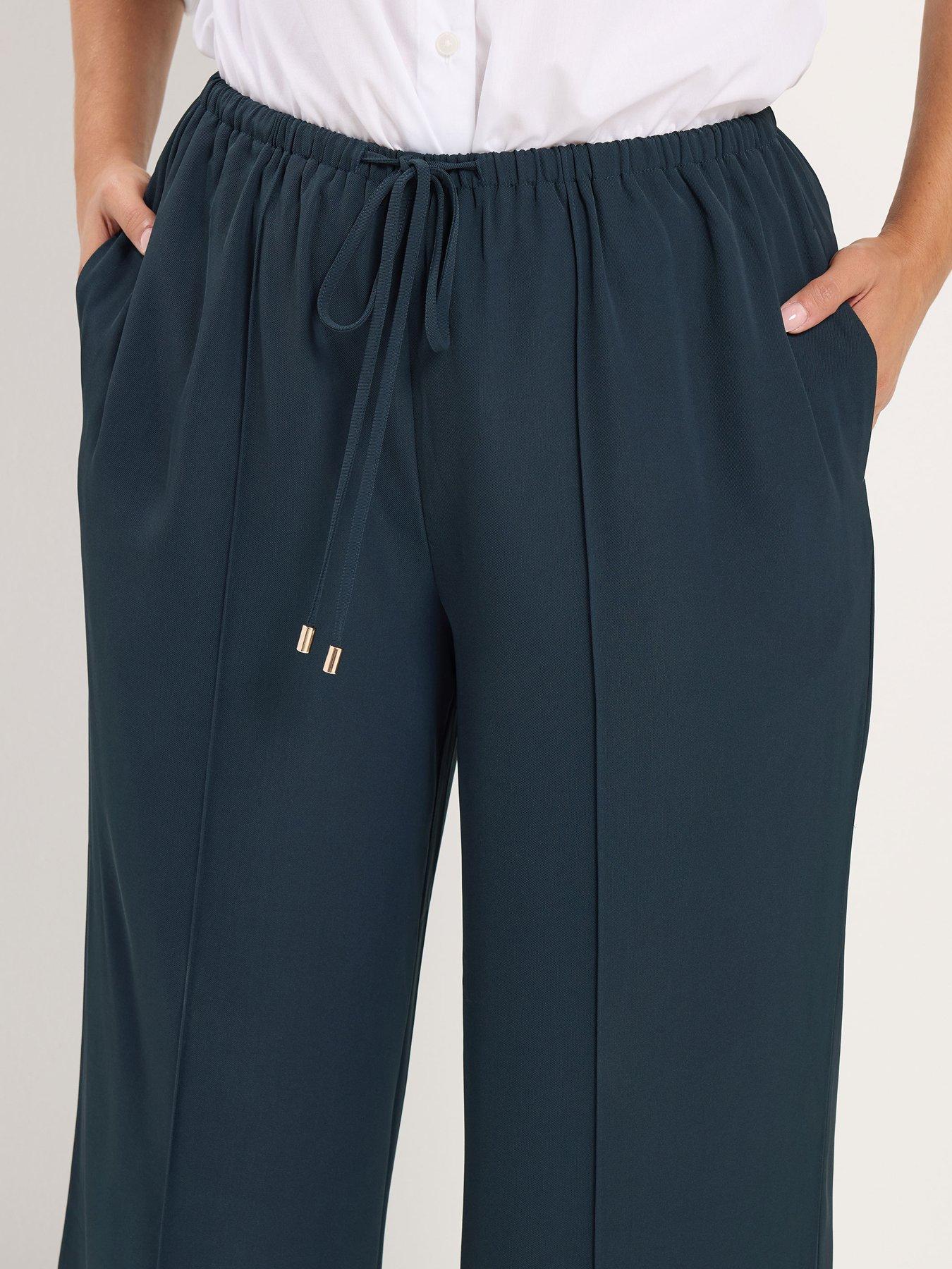 Image 4 of 4 of Yours Womens Curve Sharkskin Wide Leg Drawstring Waist Trousers - Blue