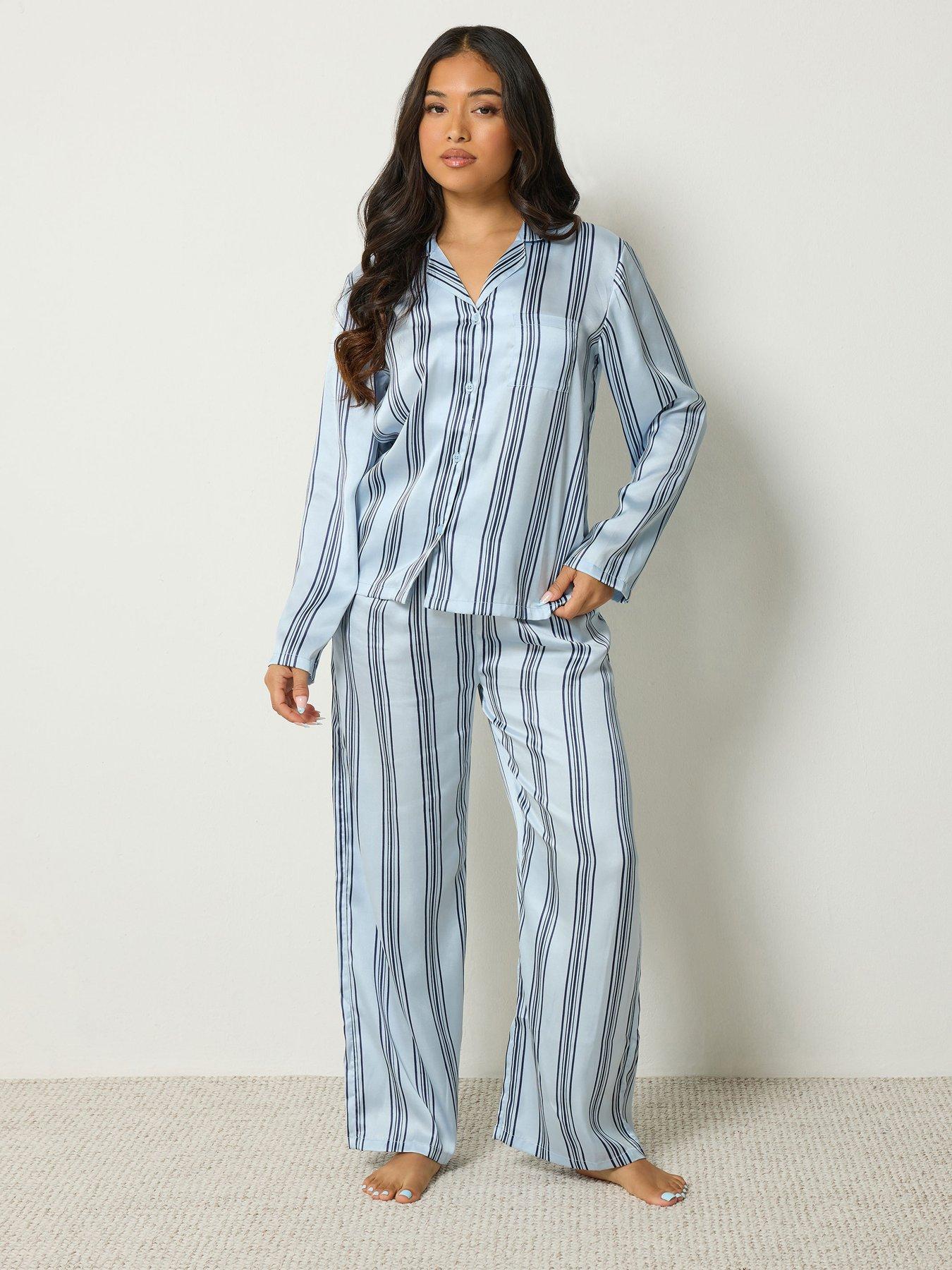 Image 1 of 4 of PixieGirl Womens Petite Stripe Satin Button-Through Pyjama Set - Blue