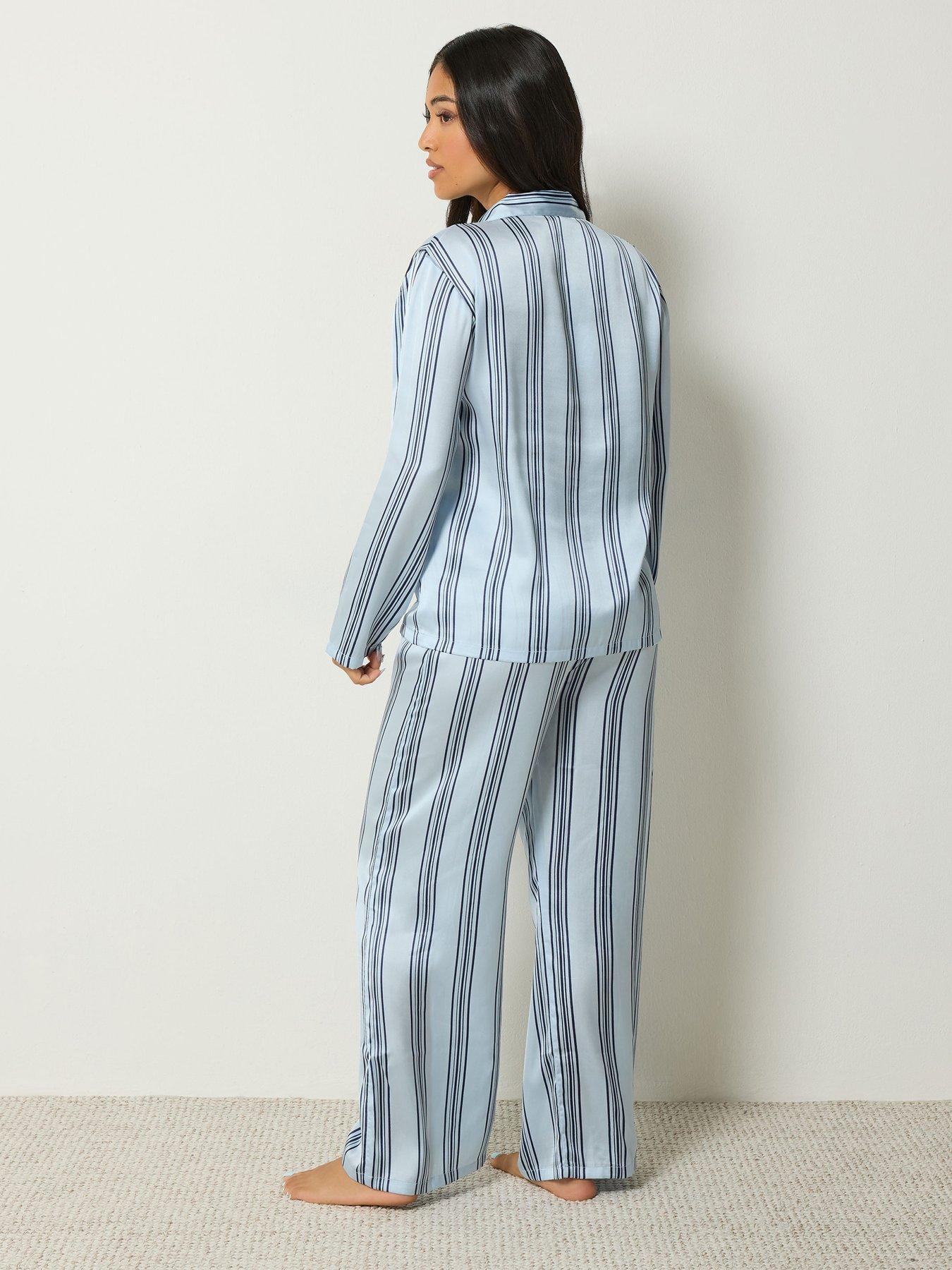 Image 2 of 4 of PixieGirl Womens Petite Stripe Satin Button-Through Pyjama Set - Blue