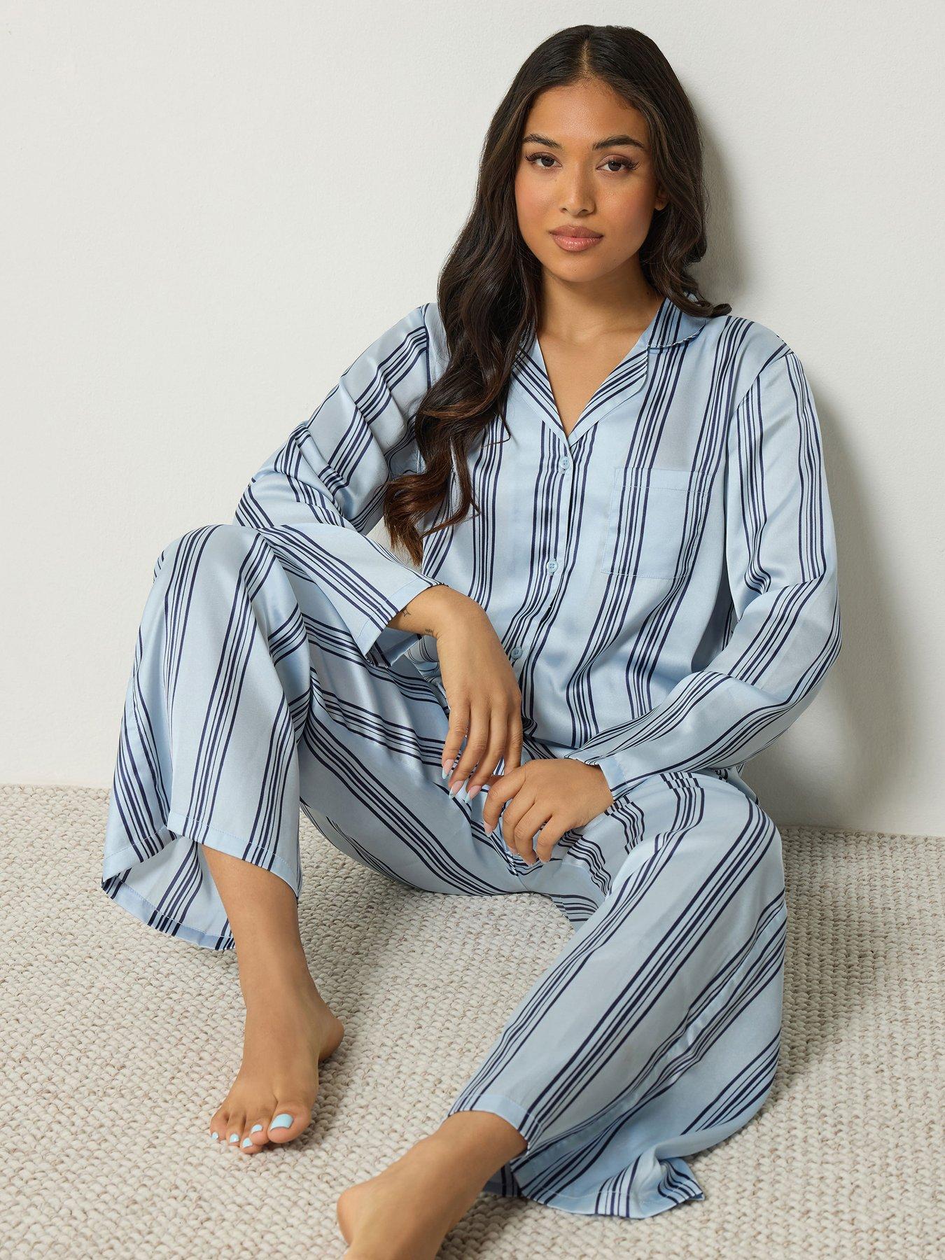 Image 3 of 4 of PixieGirl Womens Petite Stripe Satin Button-Through Pyjama Set - Blue