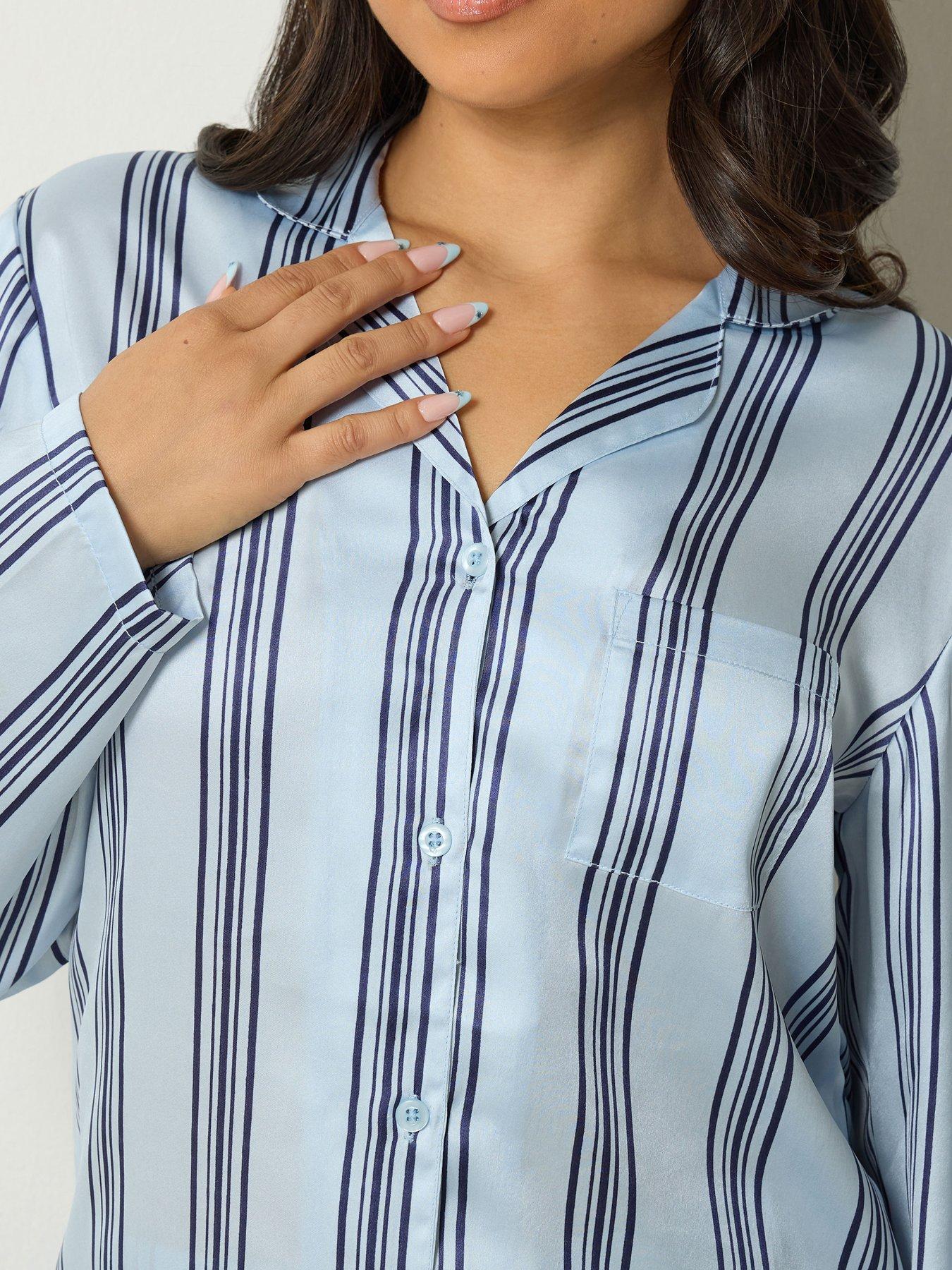 Image 4 of 4 of PixieGirl Womens Petite Stripe Satin Button-Through Pyjama Set - Blue