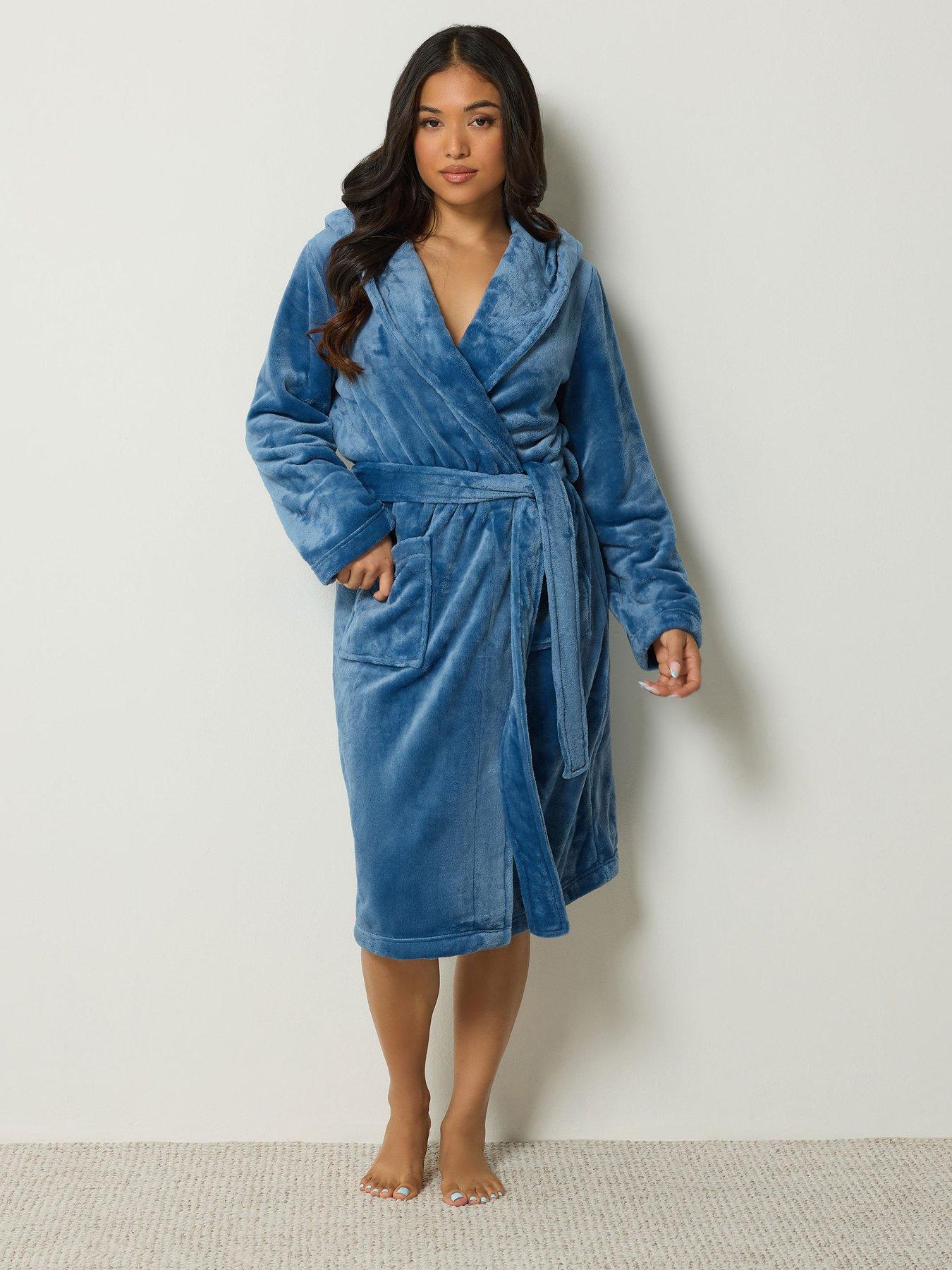 Image 1 of 4 of PixieGirl Womens Petite Super Luxe Hooded Tie Waist Dressing Gown - Blue