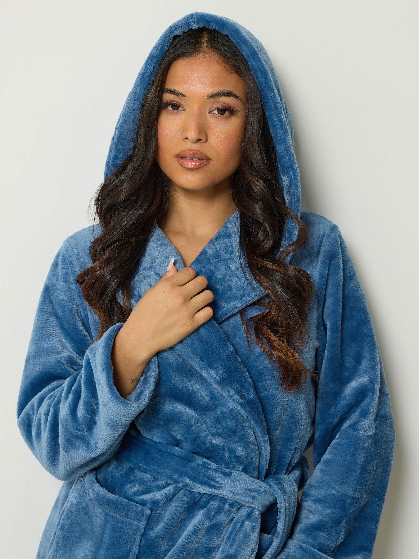 Image 4 of 4 of PixieGirl Womens Petite Super Luxe Hooded Tie Waist Dressing Gown - Blue