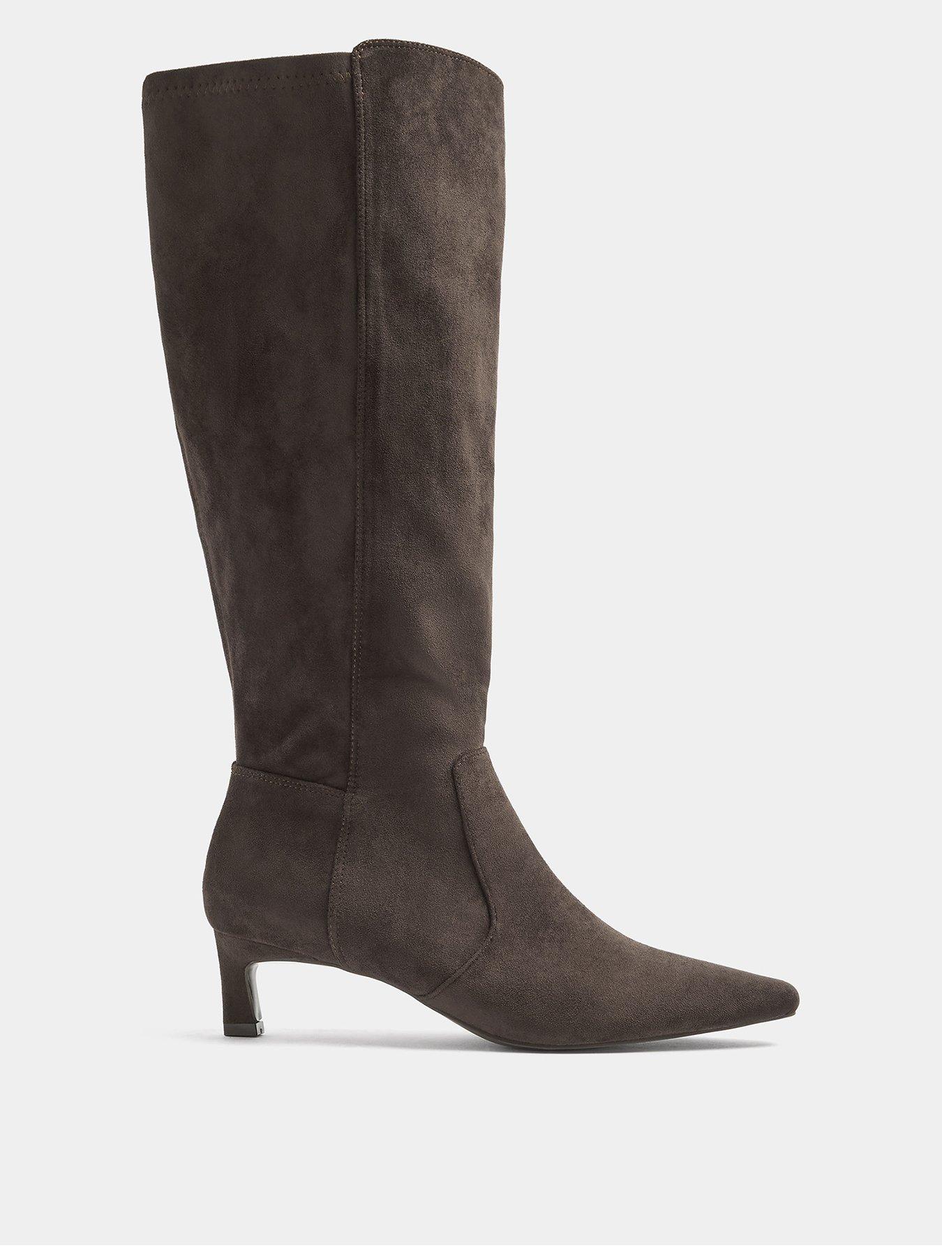 Image 1 of 4 of Long Tall Sally Square Toe Kitten Heel Knee High Boots - Brown