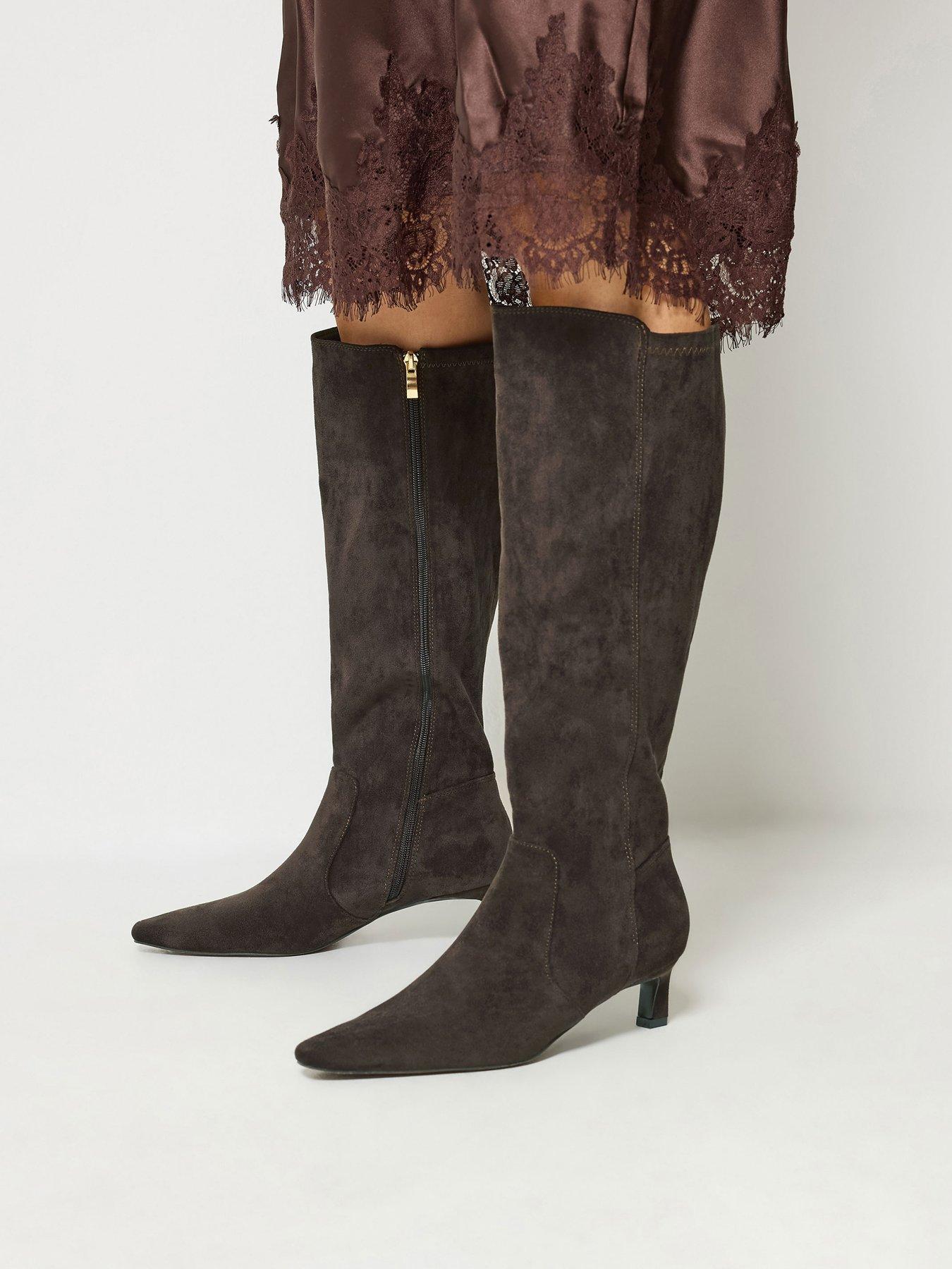 Image 4 of 4 of Long Tall Sally Square Toe Kitten Heel Knee High Boots - Brown