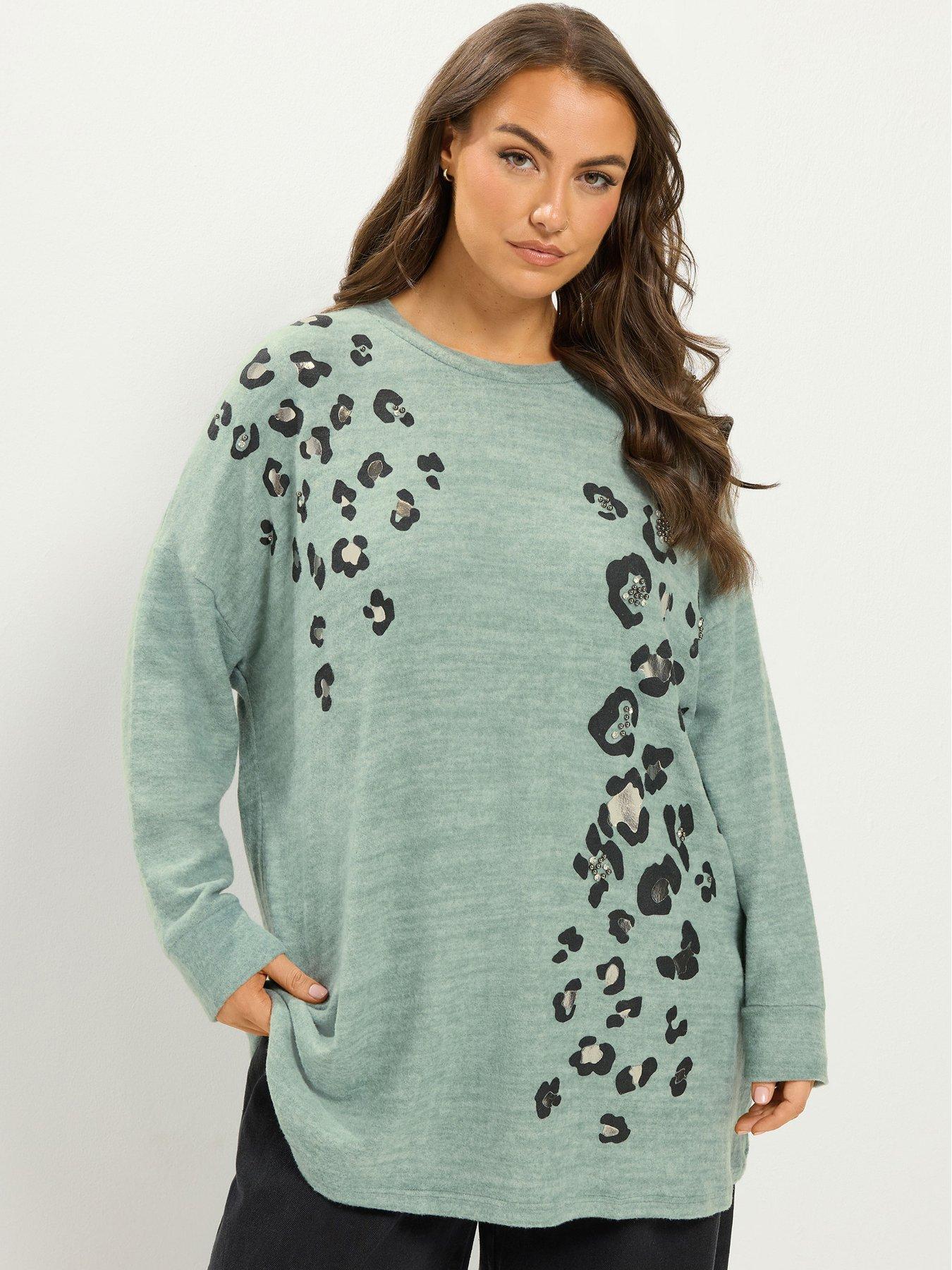 Image 1 of 4 of Yours Womens Curve Leopard Panel Embellished Soft Touch Jumper - Green