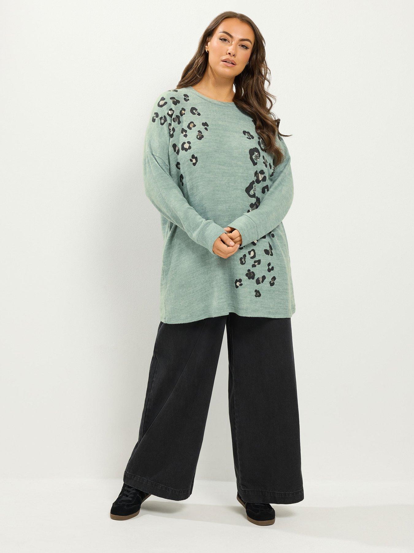 Image 3 of 4 of Yours Womens Curve Leopard Panel Embellished Soft Touch Jumper - Green