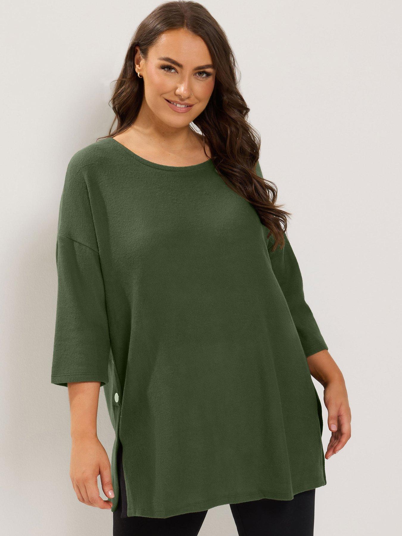 Image 1 of 4 of Yours Womens Curve Soft Touch Side Button Longline Jumper - Green