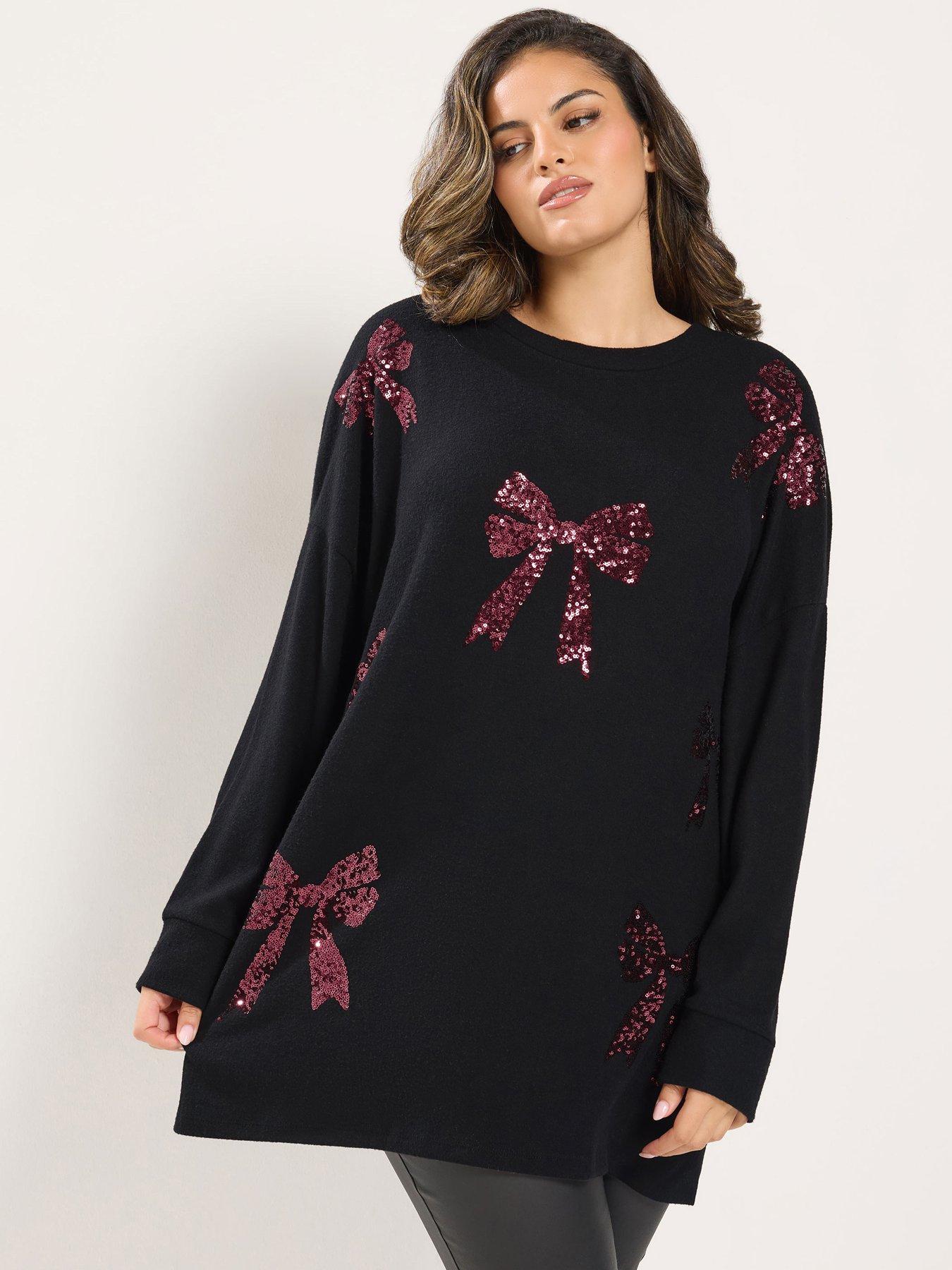 Image 1 of 4 of Yours Womens Curve Sequin Bow Soft Touch Jumper - Black