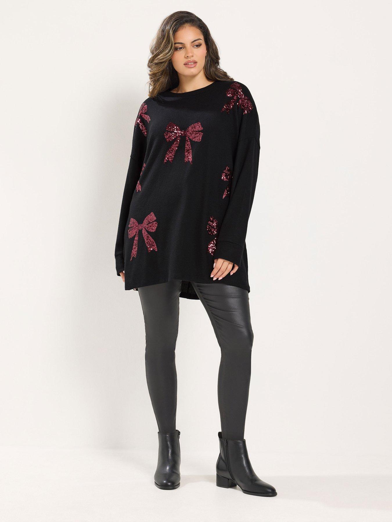 Image 3 of 4 of Yours Womens Curve Sequin Bow Soft Touch Jumper - Black